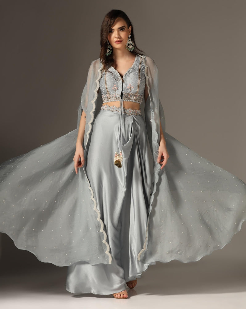 Dull Blue Organza & Raw Silk Draped Skirt Set Yashodhara