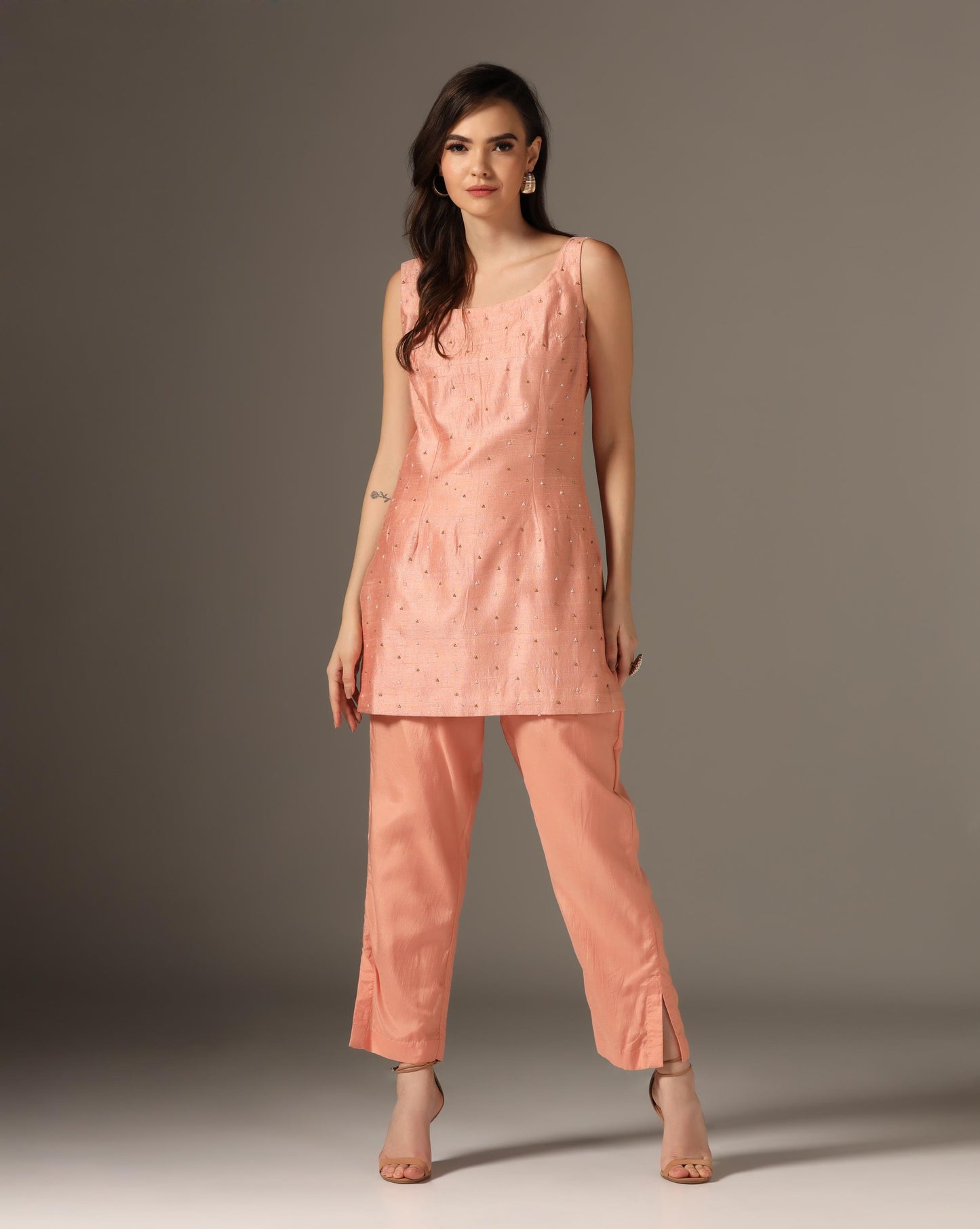 Peach Organza Embroidered Jacket Set