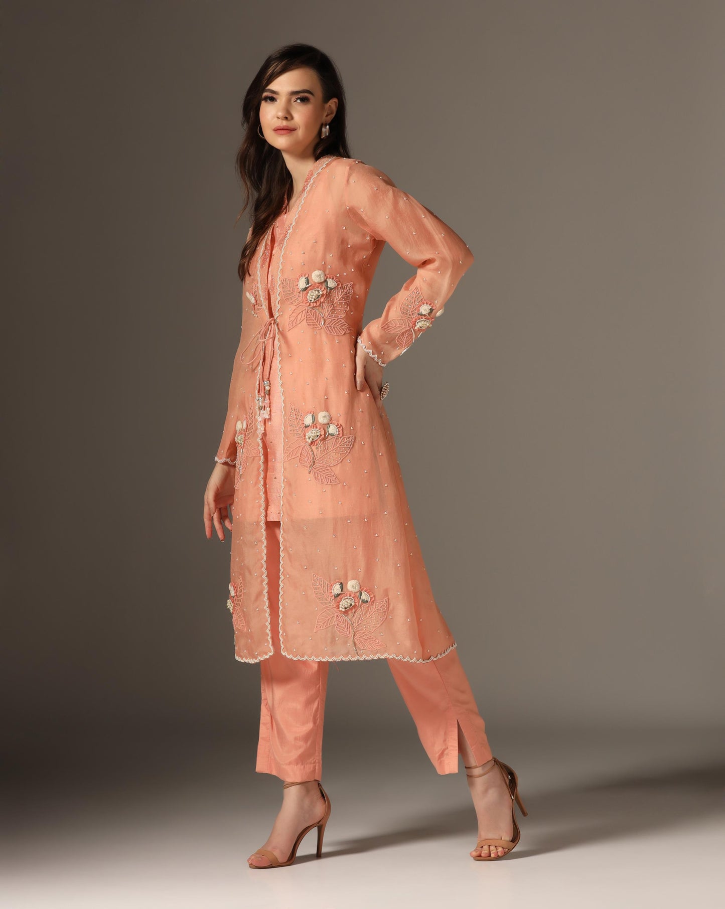 Peach Organza Embroidered Jacket Set