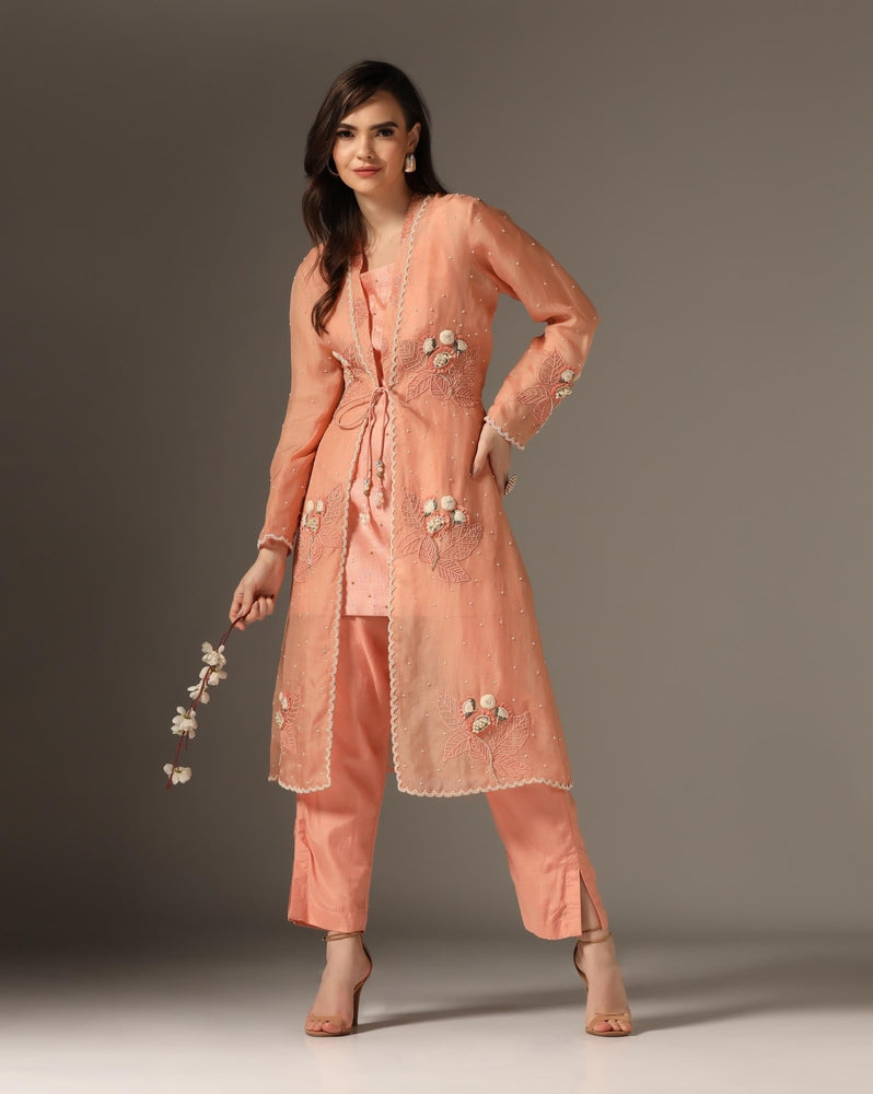 Peach Organza Embroidered Jacket Set Yashodhara