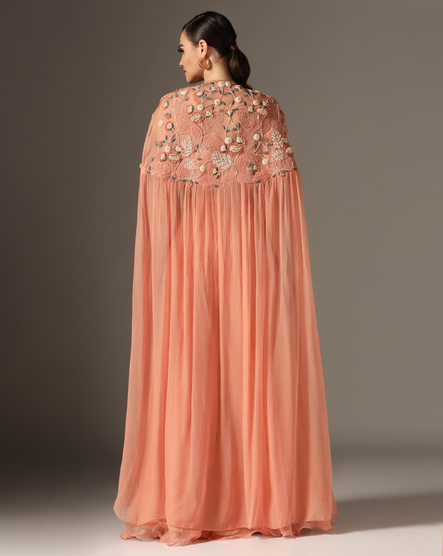 Peach Organza & Raw Silk Embroidered Cape Set