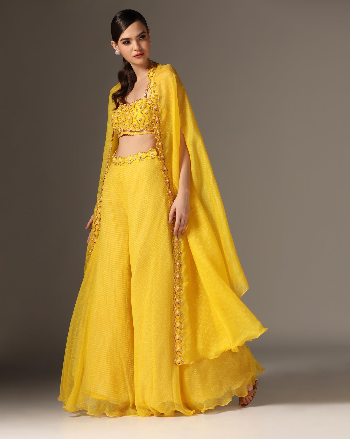 Yellow Organza & Raw Silk Embroidered Cape Set