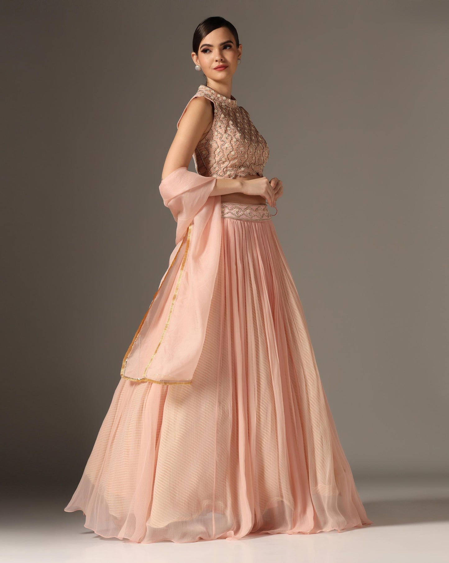 Pink Organza & Raw Silk Embroidered Lehenga Set
