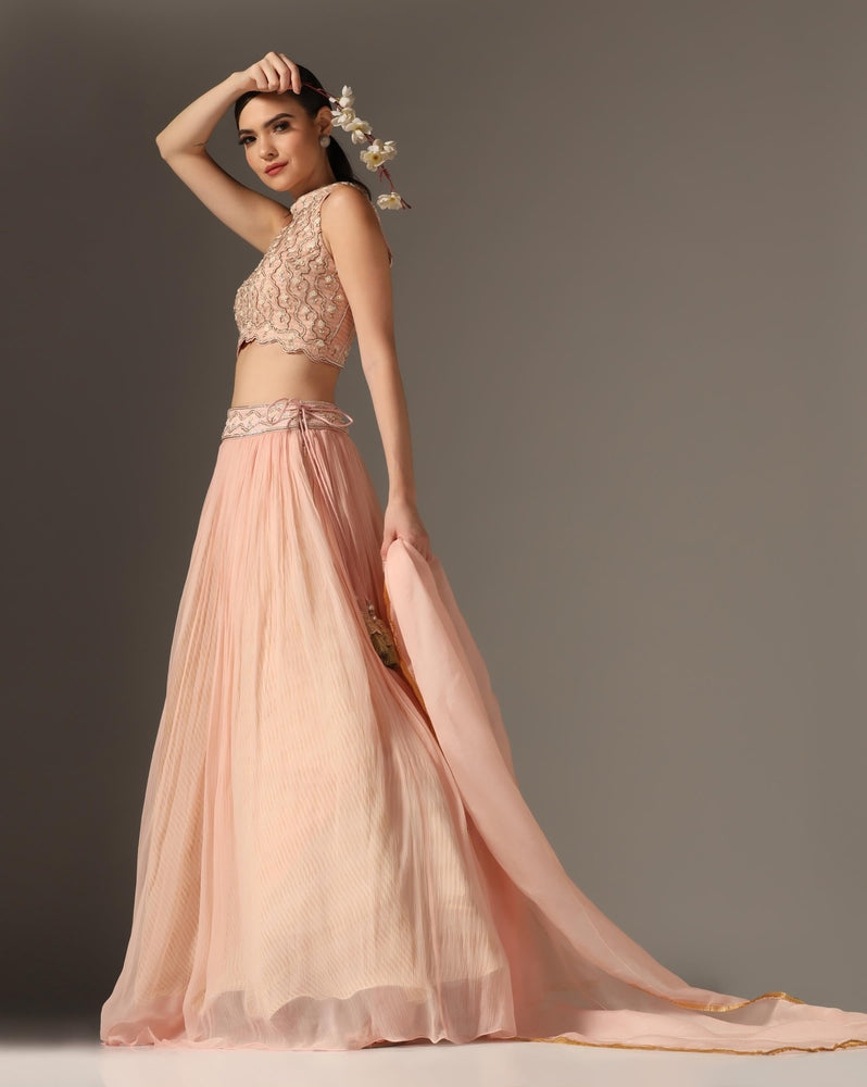 Pink Organza & Raw Silk Embroidered Lehenga Set Yashodhara