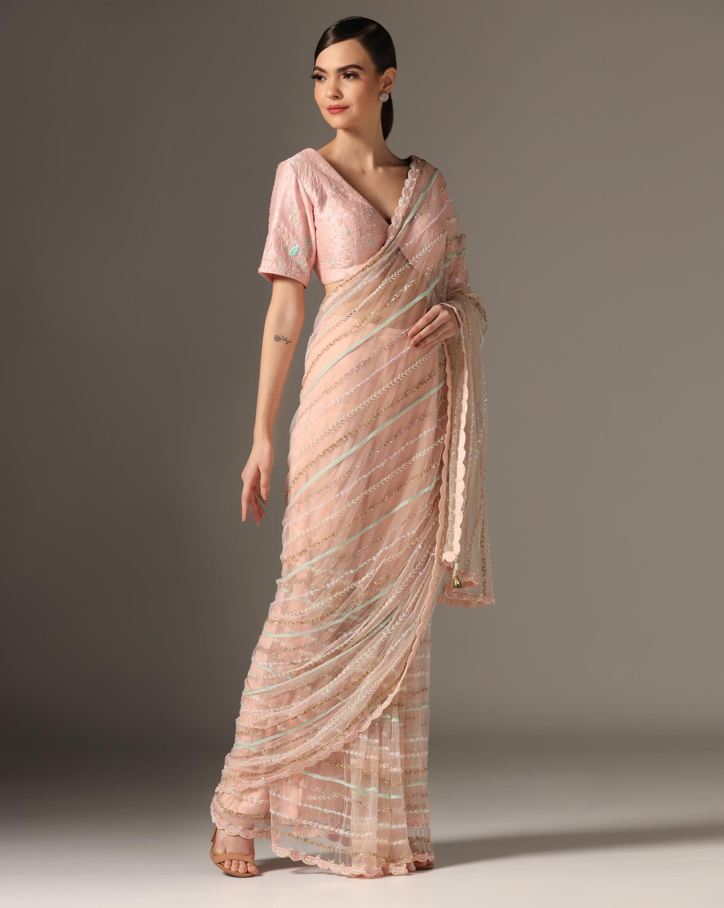 Pink Net Embroidered Saree Set