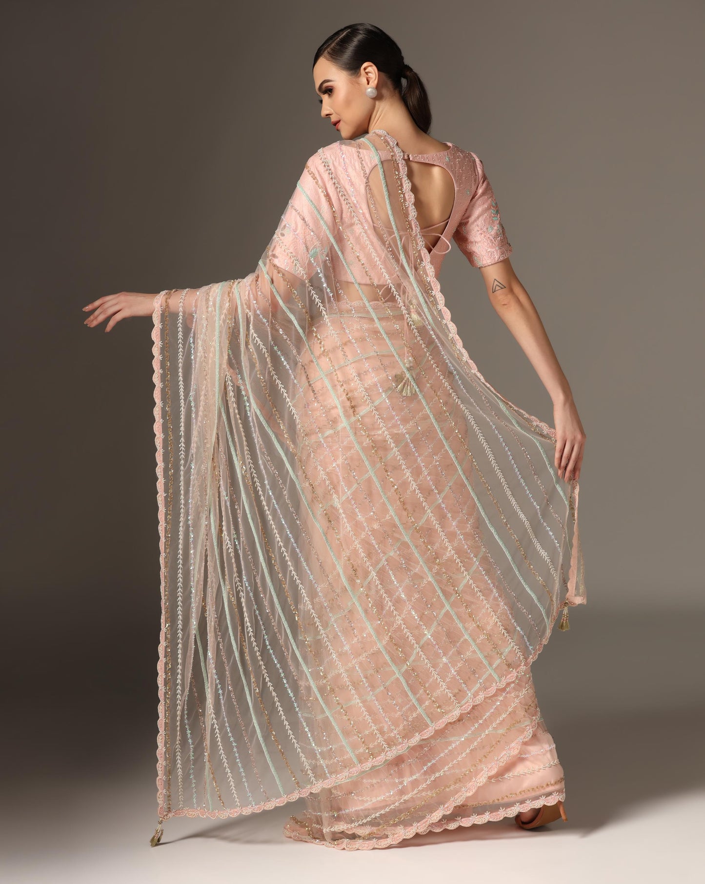 Pink Net Embroidered Saree Set