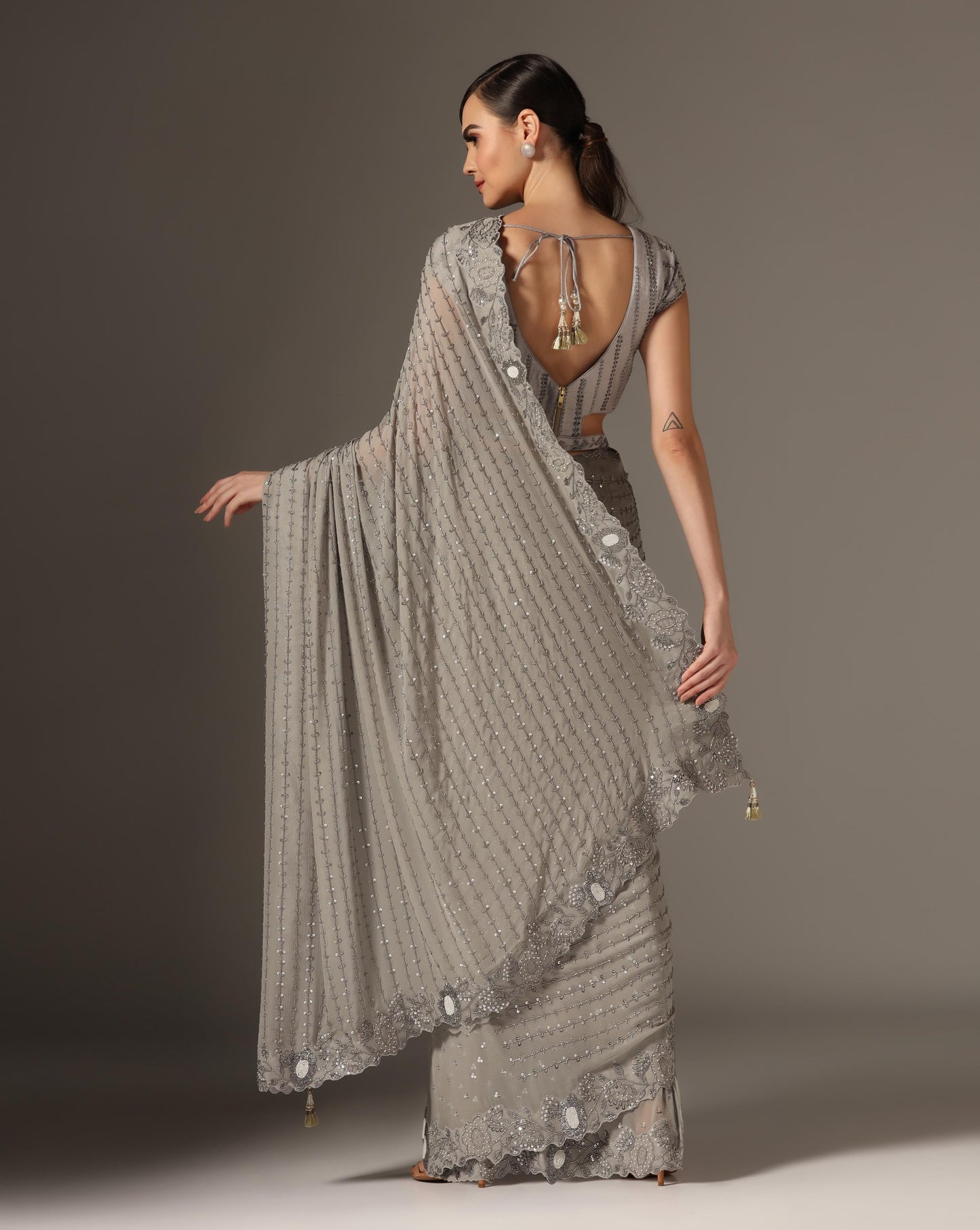 Grey Raw Silk Saree Set