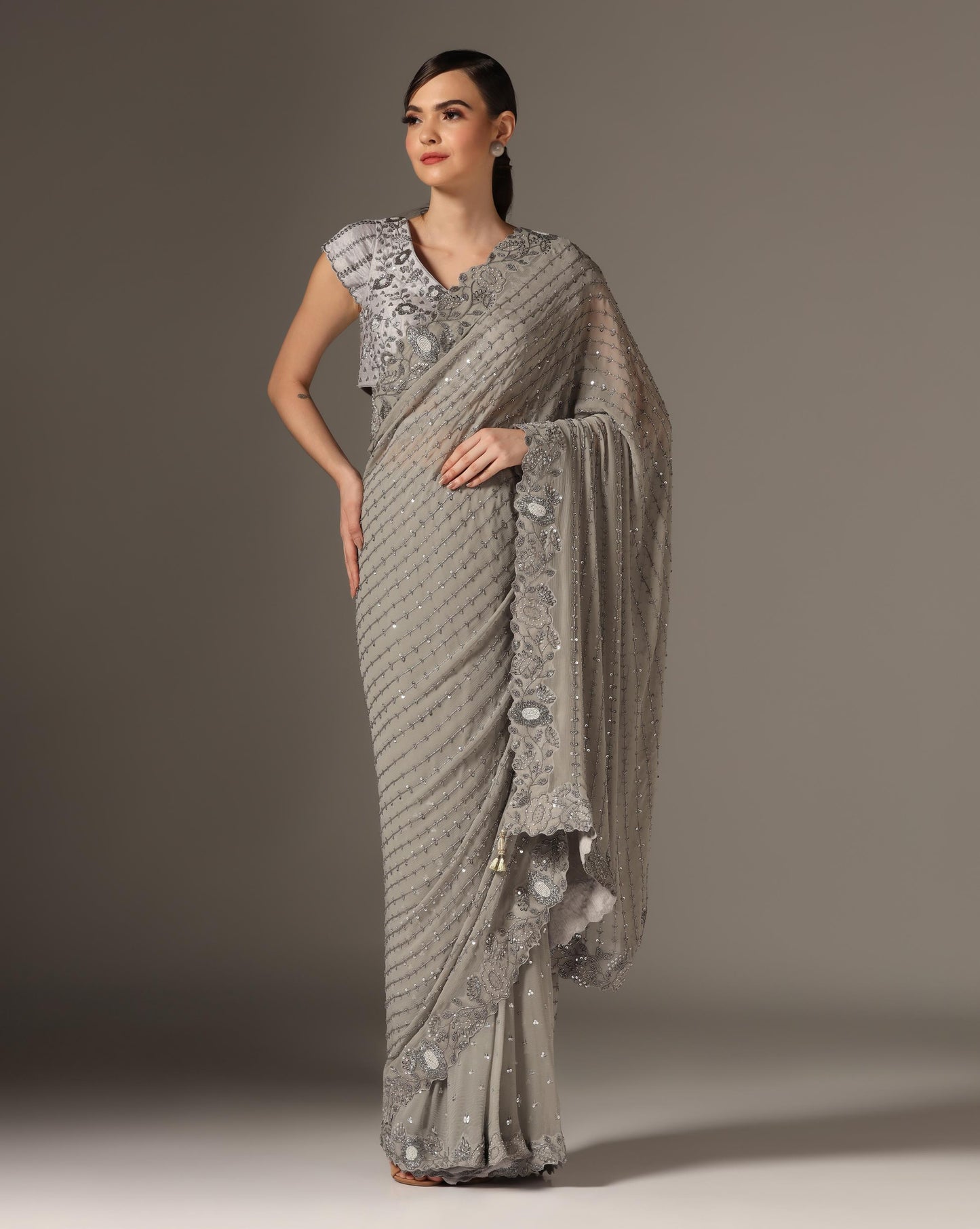 Grey Raw Silk Saree Set