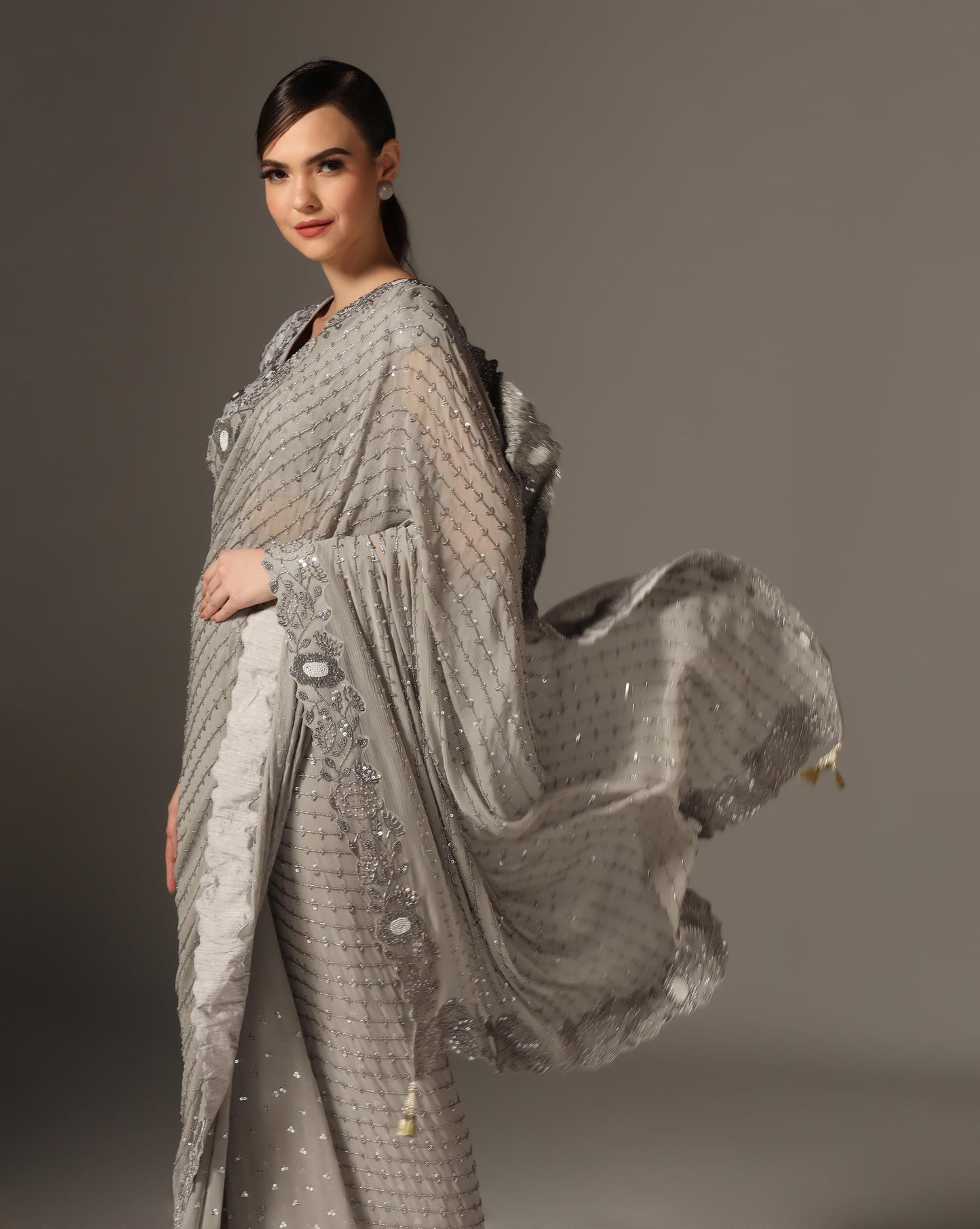 Grey Raw Silk Saree Set