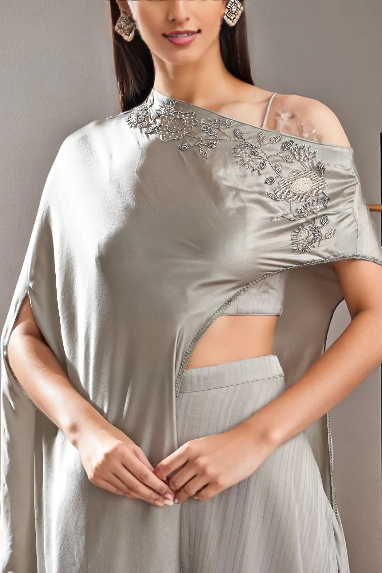 Grey Silk Satin Embroidered Off-Shoulder Cape Set Yashodhara