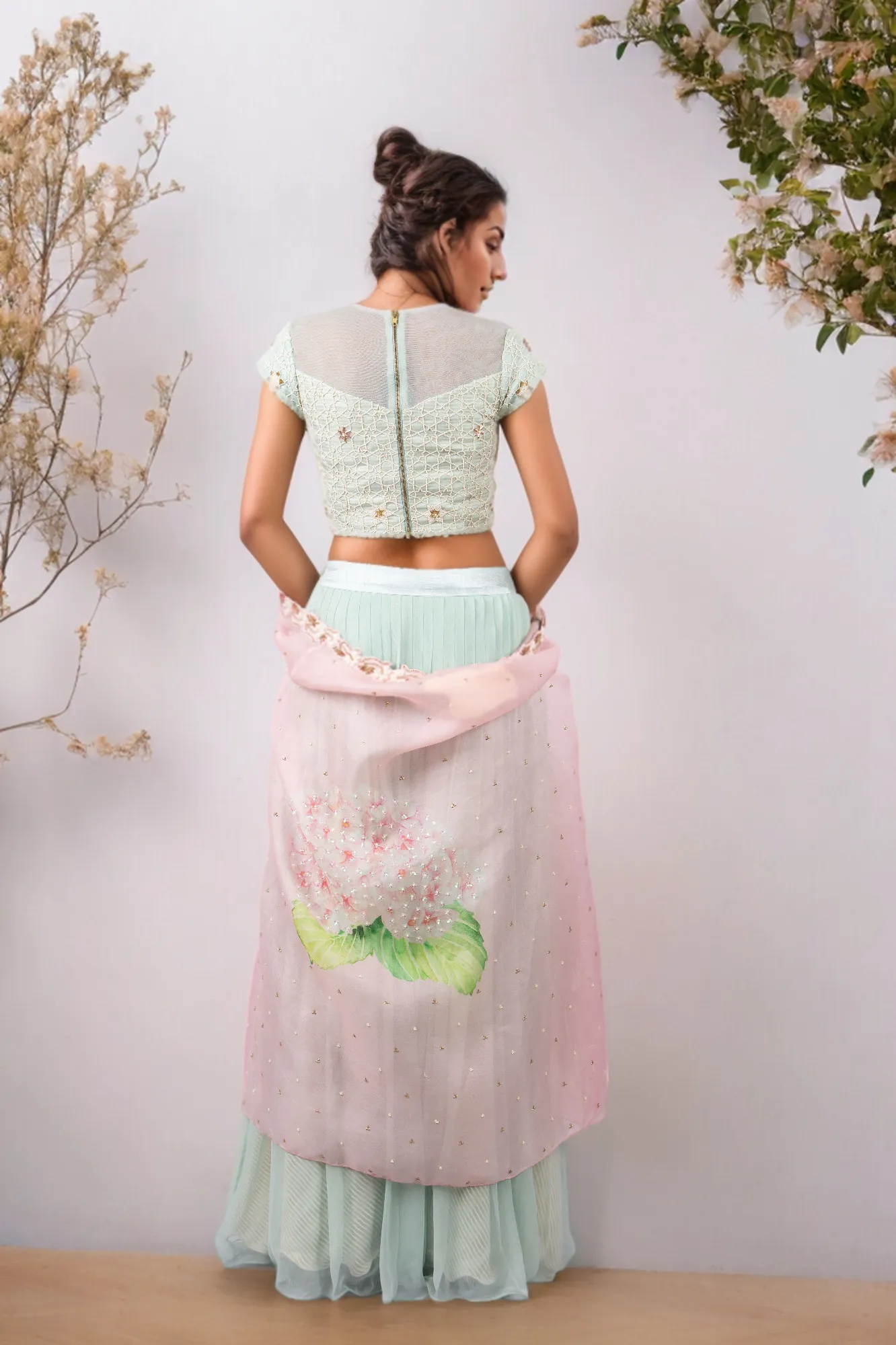 STAR WEB BLOUSE WITH CHIFFON PLEATED PLAZZO AND CUSTOM PRINTED PINK BIRD CAPE
