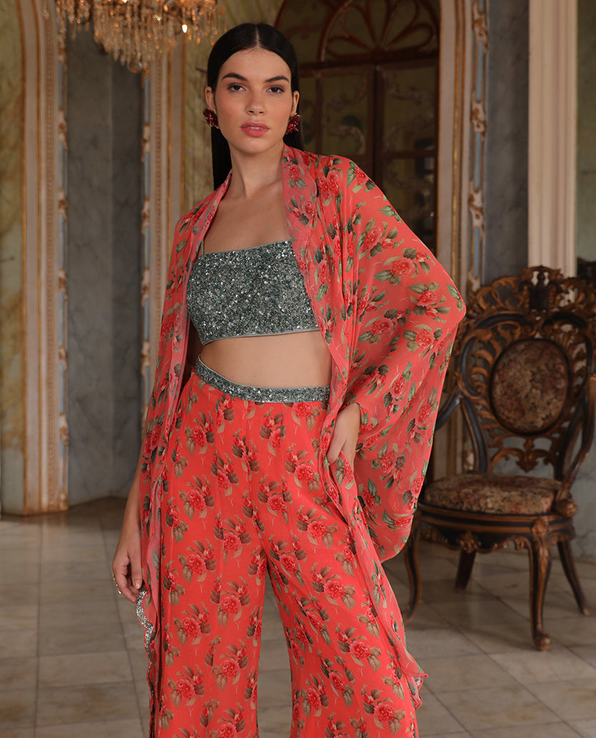 Coral Charm Sequin Cape Set Yashodhara