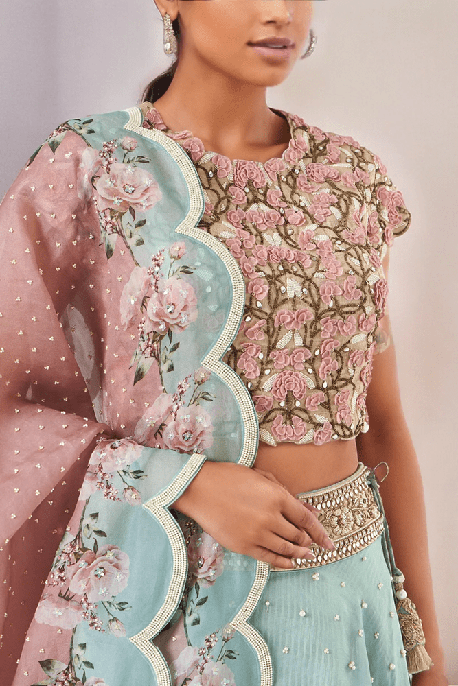 Green Raw Silk Printed Lehenga Set Yashodhara