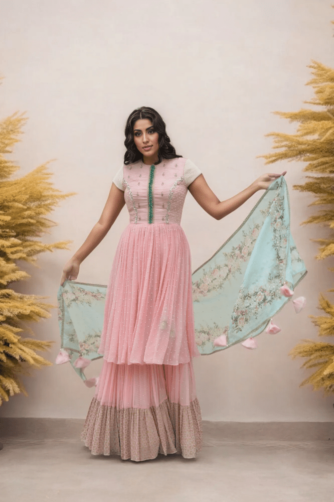 ZARDOZI AND PEARL LAYERED CHIFFON KURTI SET Yashodhara