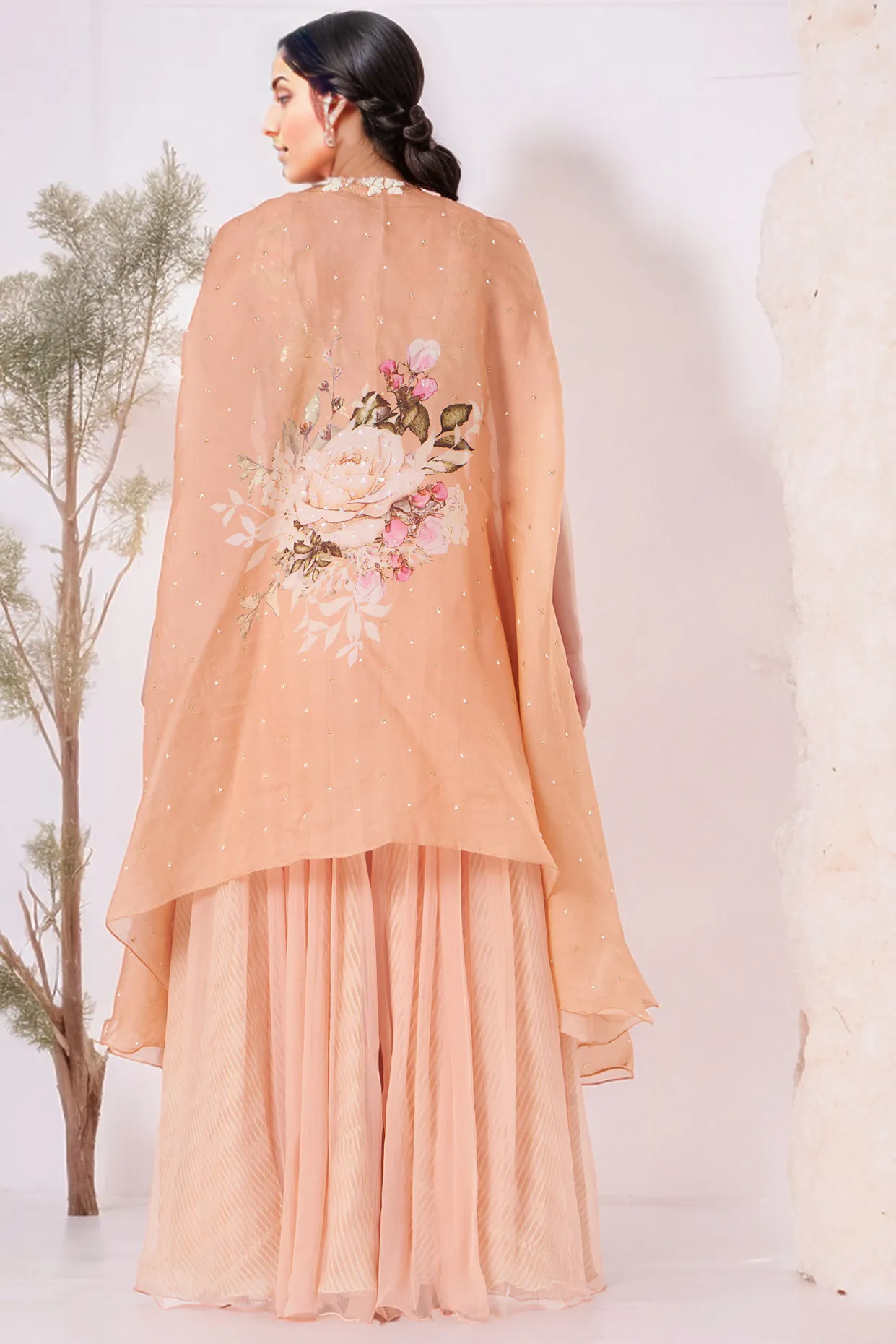 Peach Organza Printed Cape Set