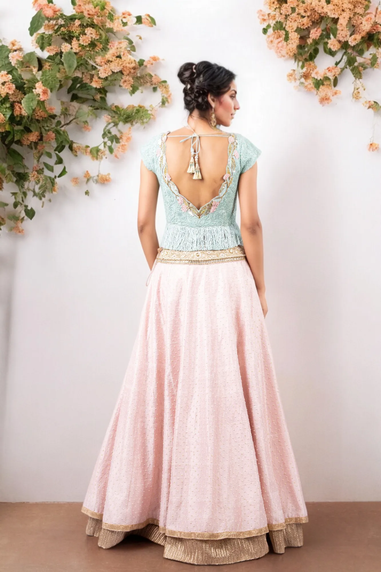 PERSIAN DORI ECO GREEN BLOUSE WITH FRINGES PAIRED WITH PEARL WORK PINK RAW SILK LEHENGA