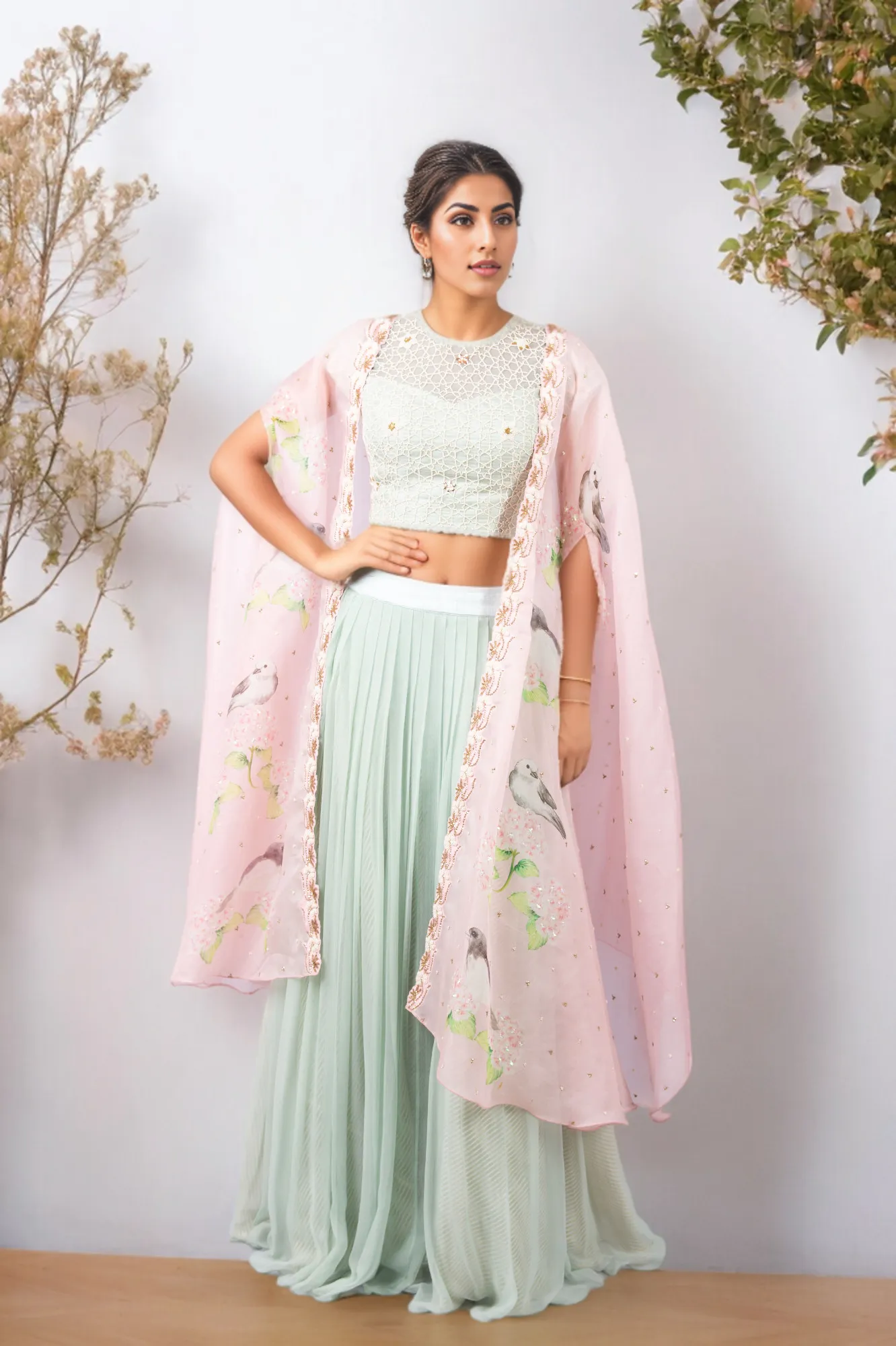 STAR WEB BLOUSE WITH CHIFFON PLEATED PLAZZO AND CUSTOM PRINTED PINK BIRD CAPE