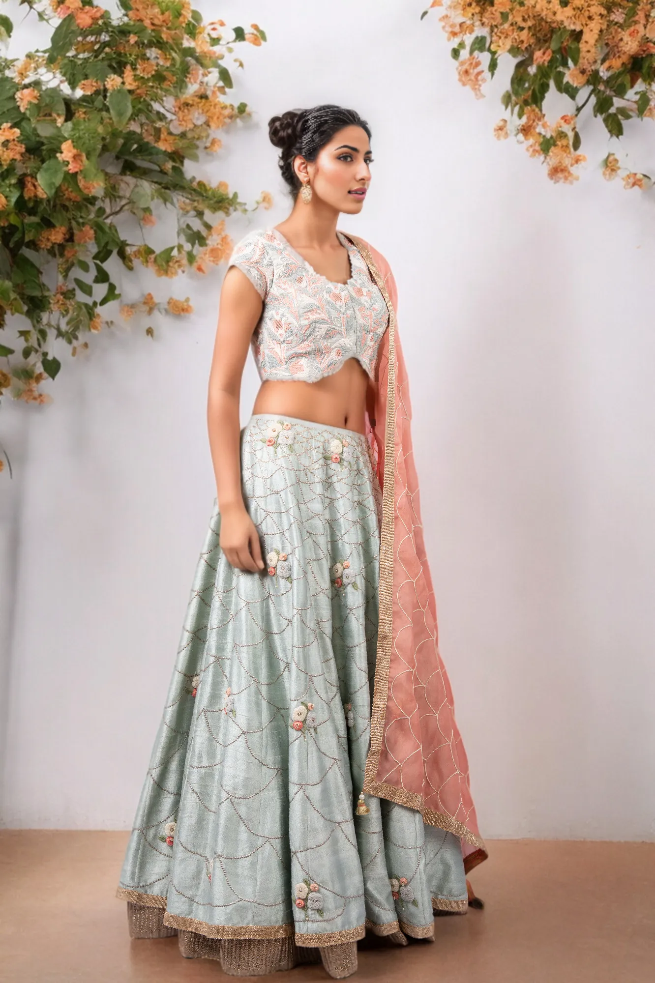 PERSIAN DORI BLOUSE WITH ANCHOR FLOWER SEQUENCE WORK RAW SILK LEHENGA