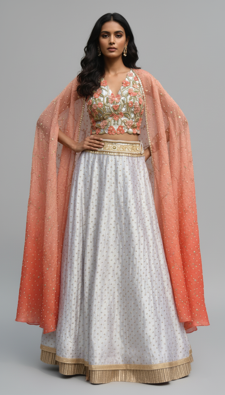 Coral Bloom Embroidered Cape Lehenga Set Yashodhara