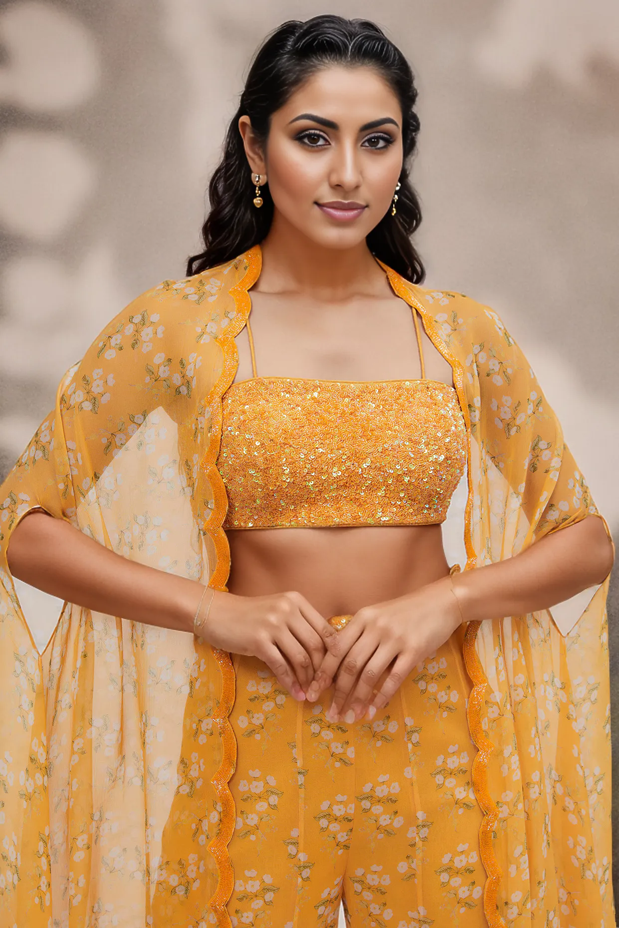 Kesar Raw Silk & Chiffon Printed Cape Set