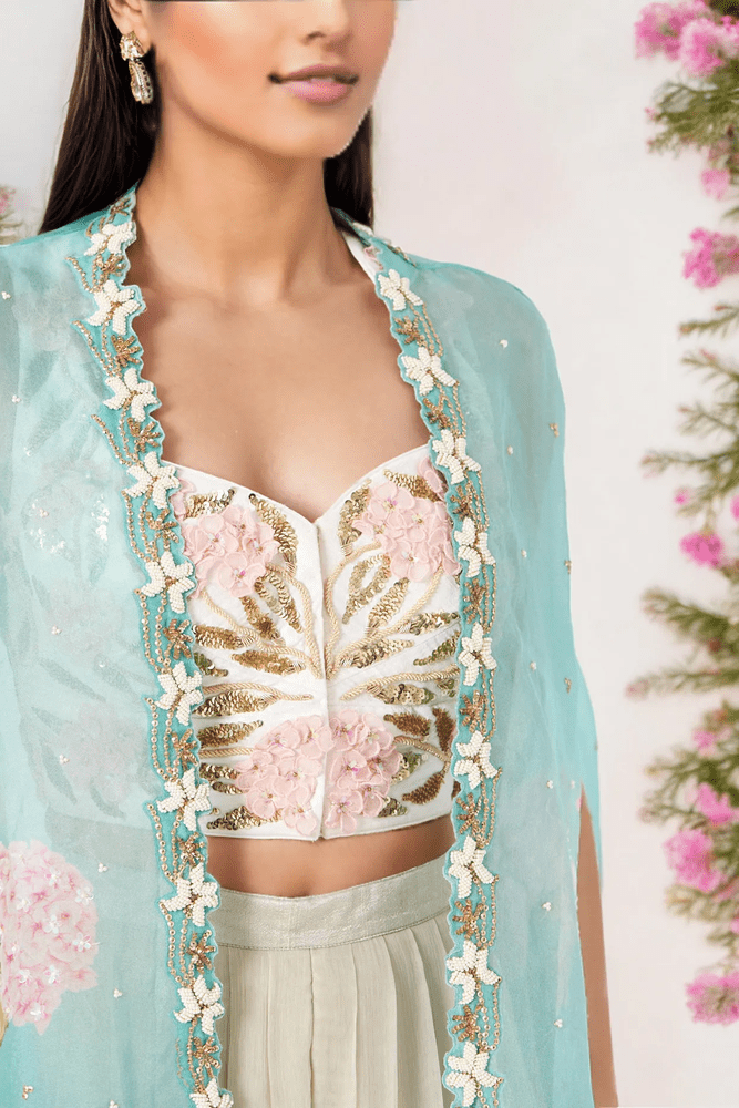 Mint Blue Organza Cape Set Yashodhara