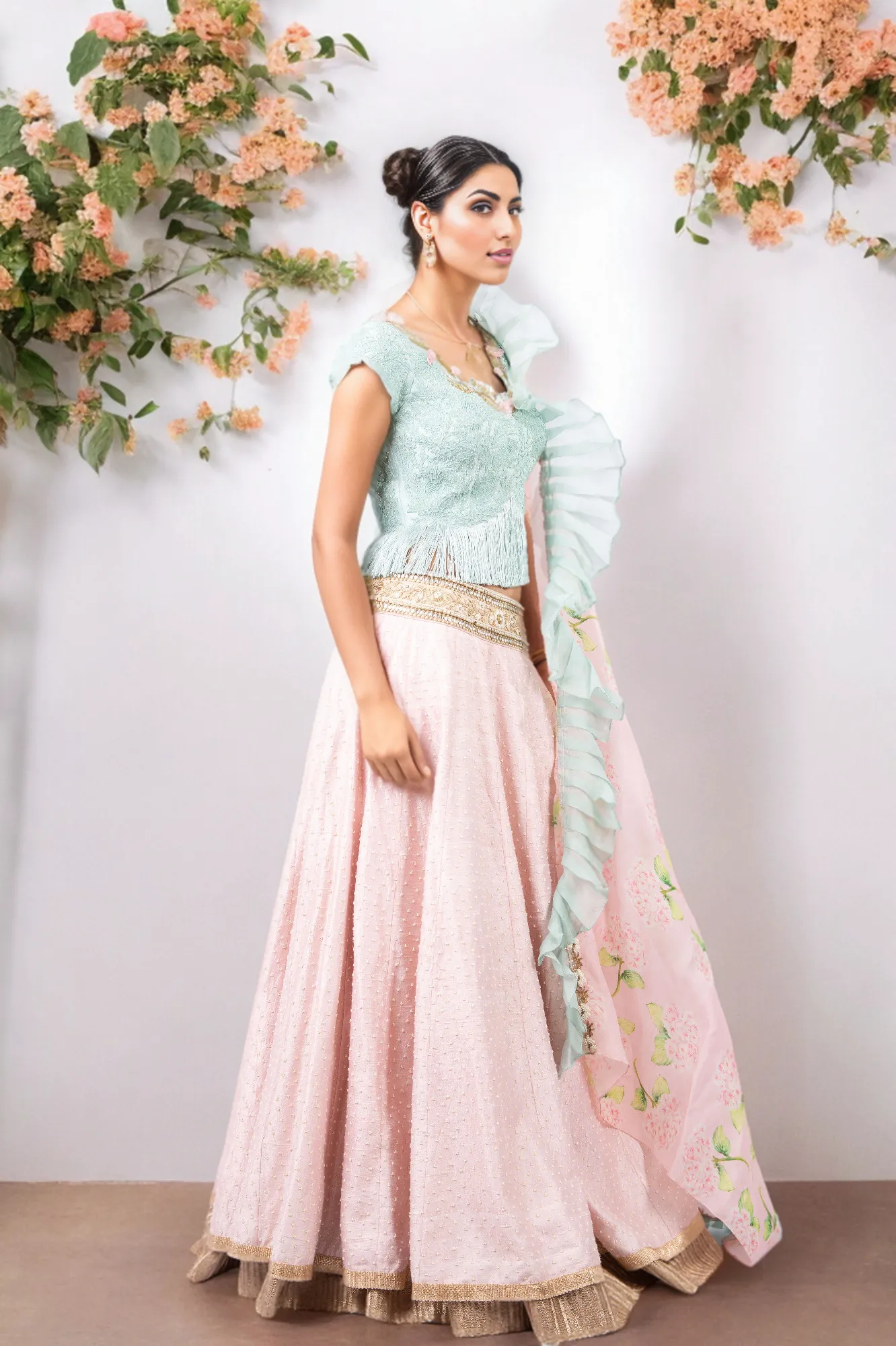 PERSIAN DORI ECO GREEN BLOUSE WITH FRINGES PAIRED WITH PEARL WORK PINK RAW SILK LEHENGA