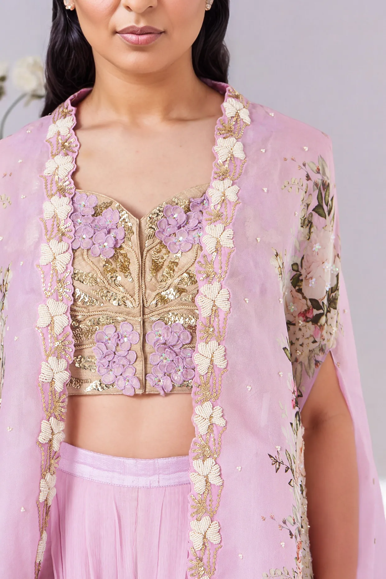 Lilac Organza Printed Cape Set Yashodhara