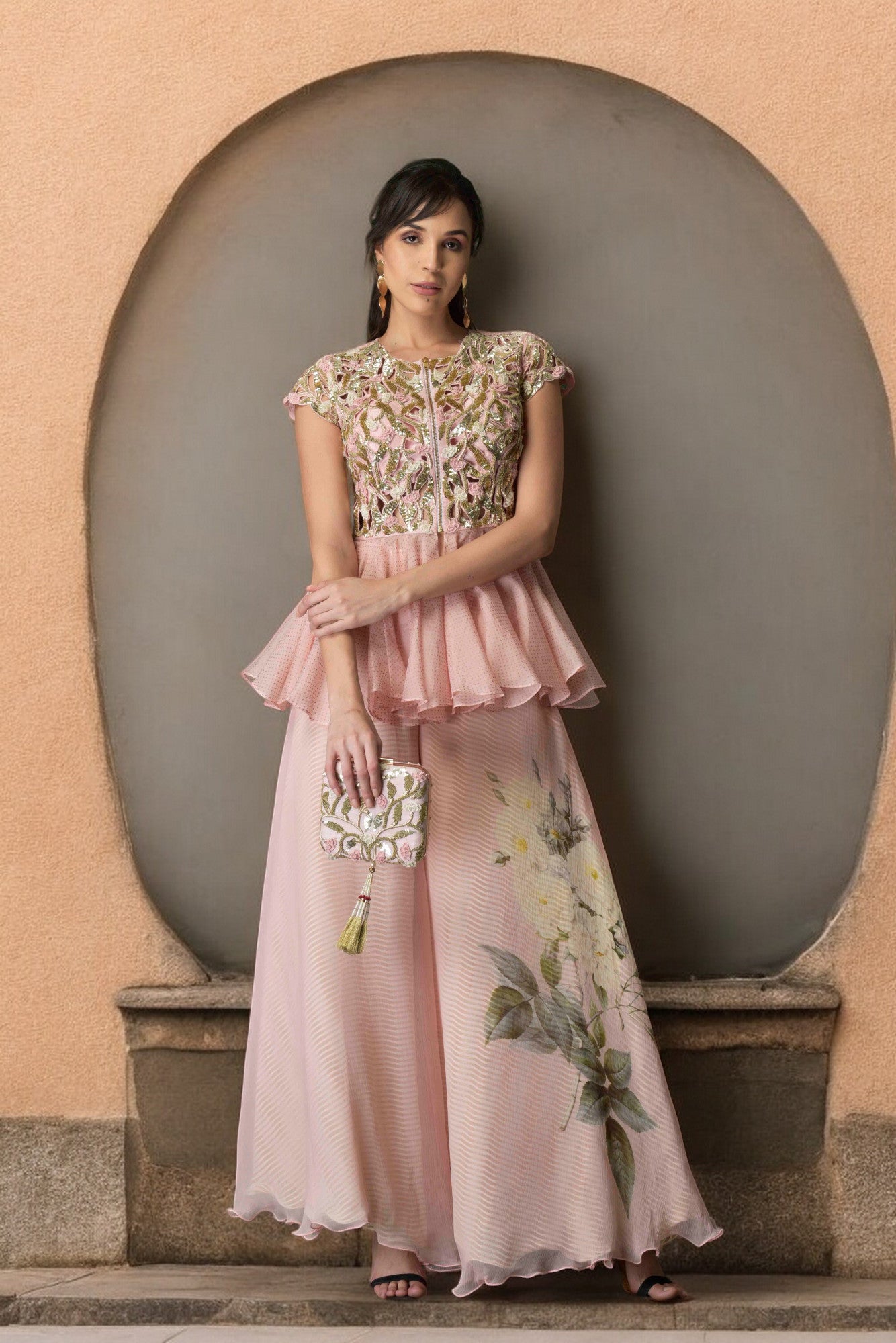 Cutwork jacket with printed palazzo