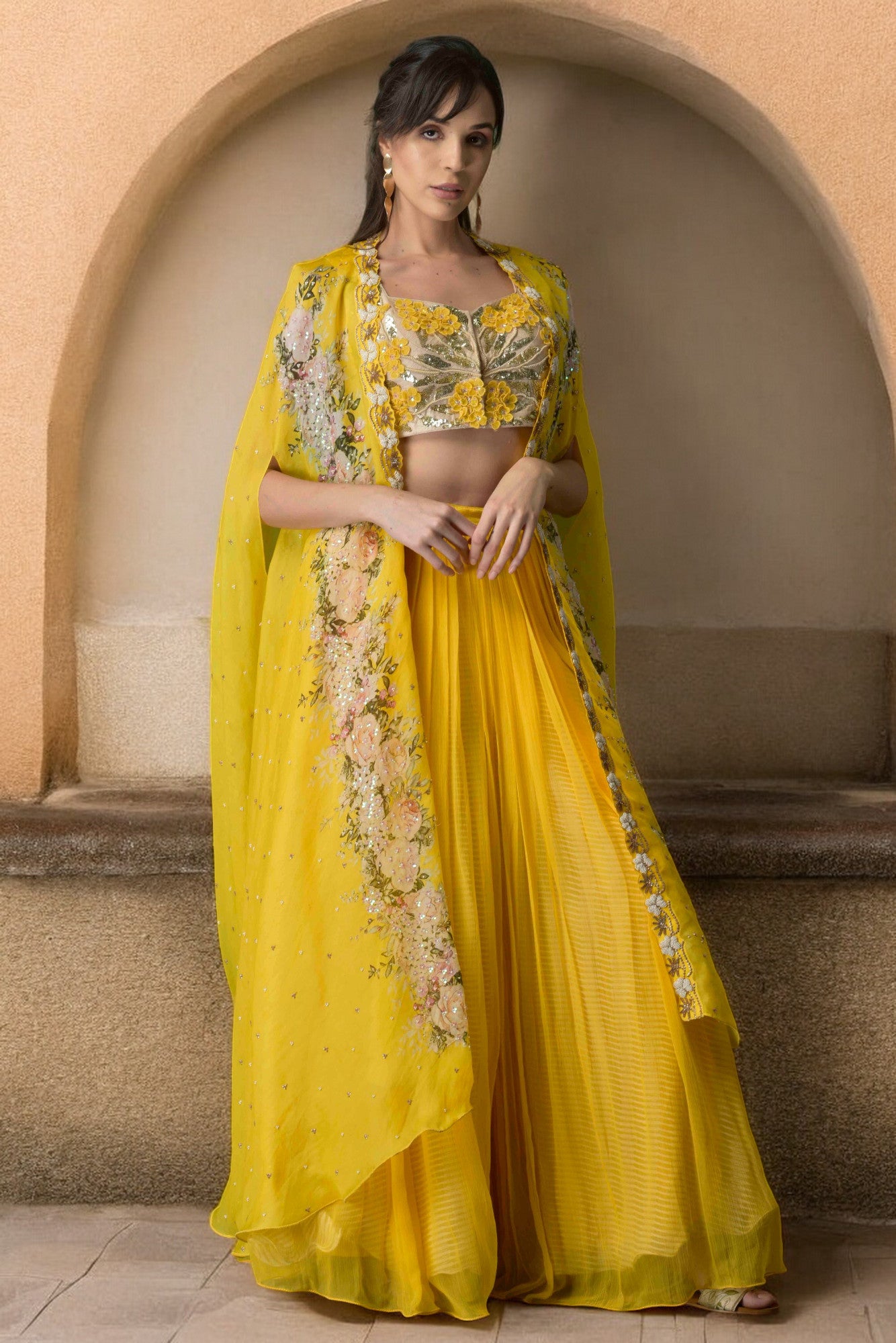 3D work blouse with pleated palazzo and floral printed cape