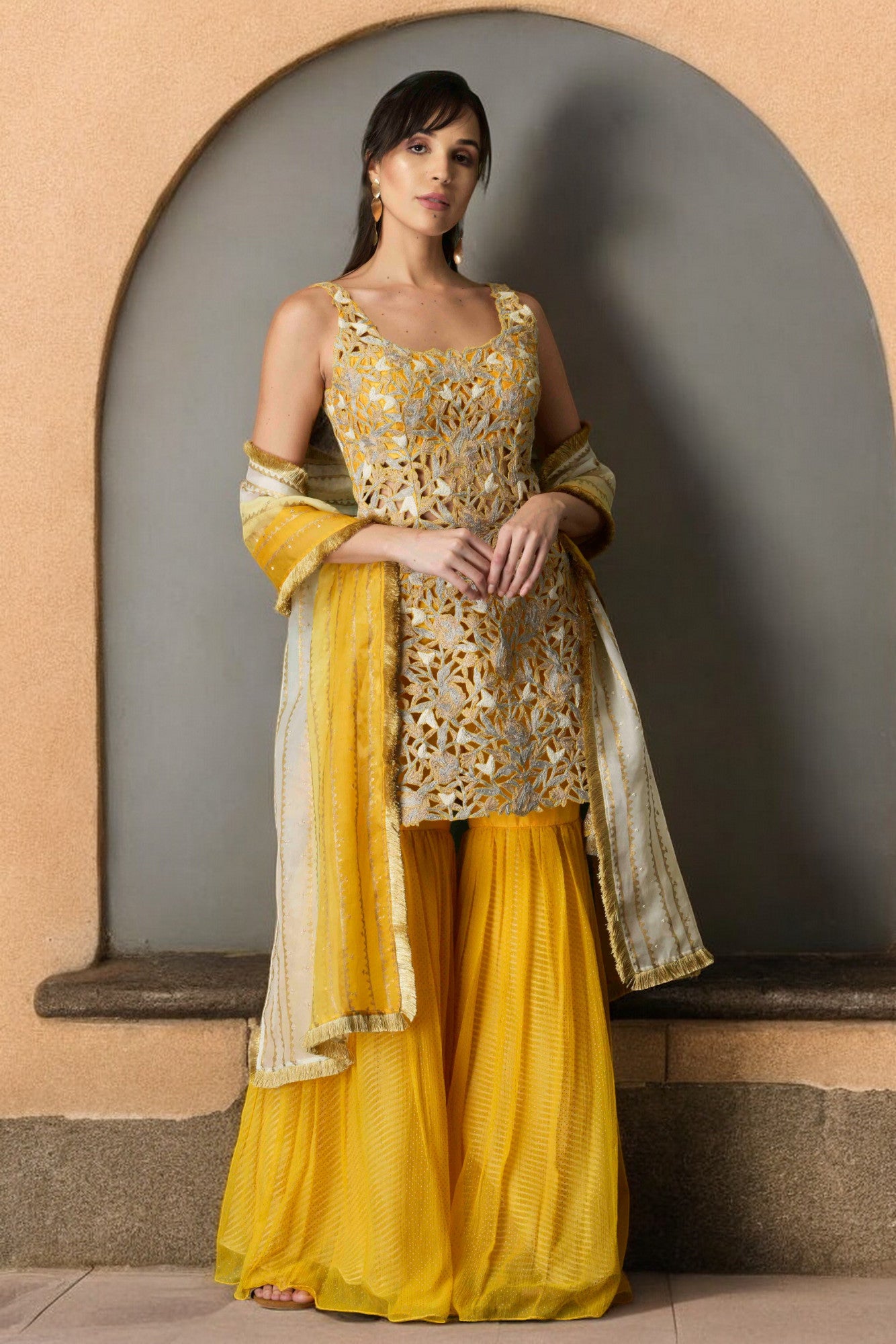 Cutwork short kurti with garara pants & dupatta