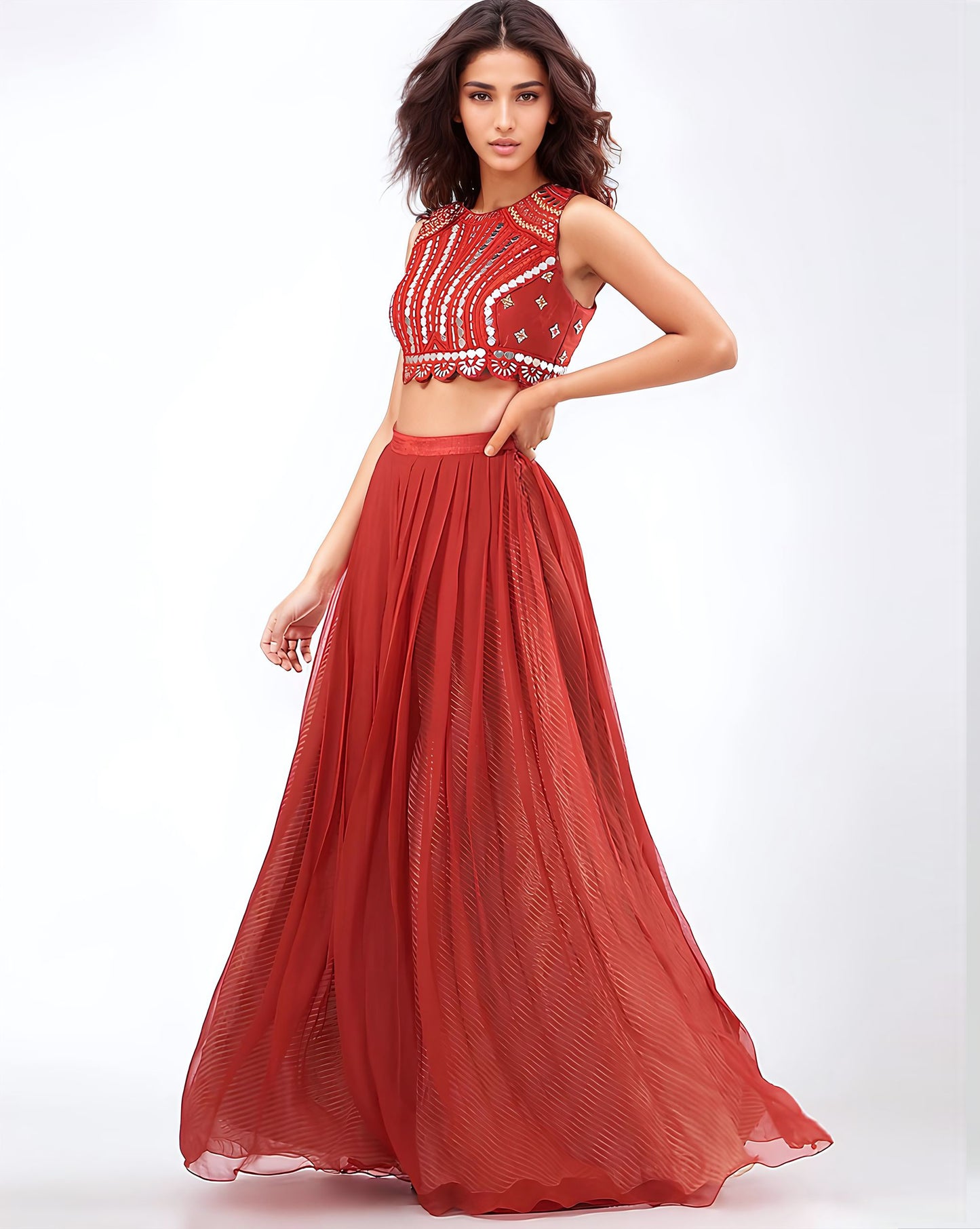 Cadmium Red Raw Silk & Chiffon Skirt Set