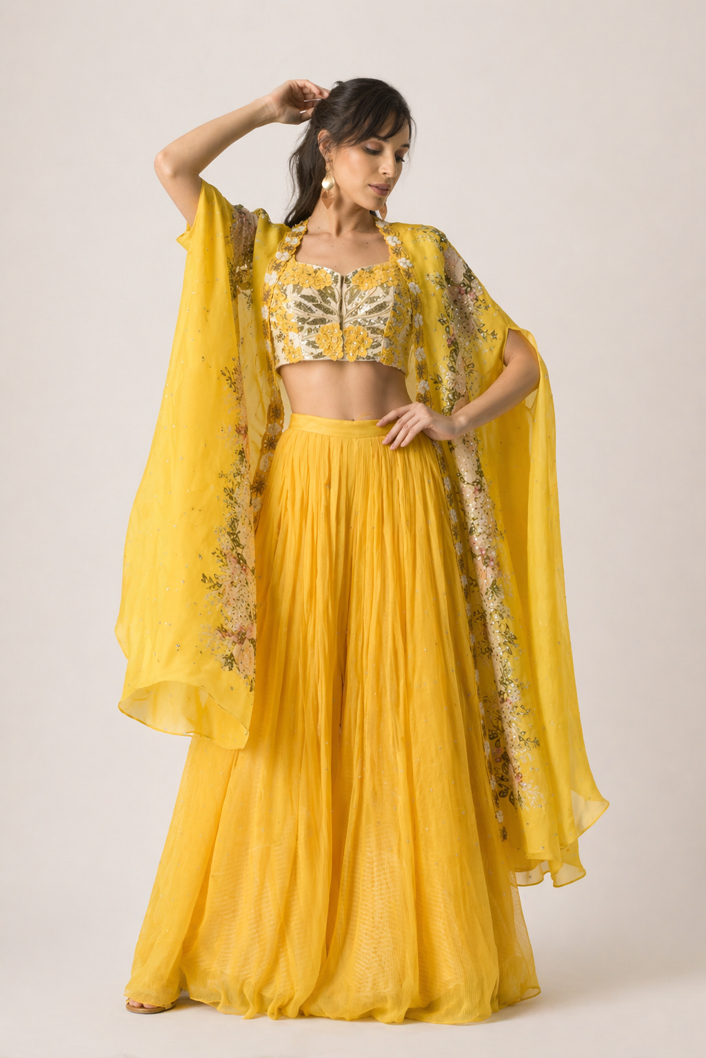 Canary Yellow 3D Floral Cape & Lehenga Set