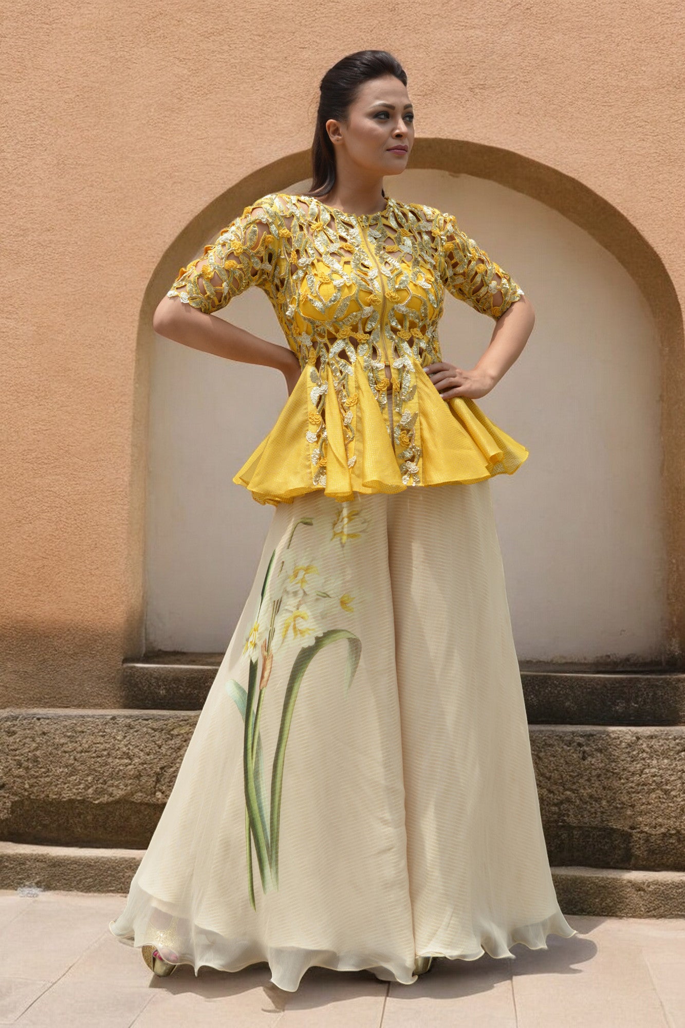 Cutwork Jacket with printed palazzos - Medium Size