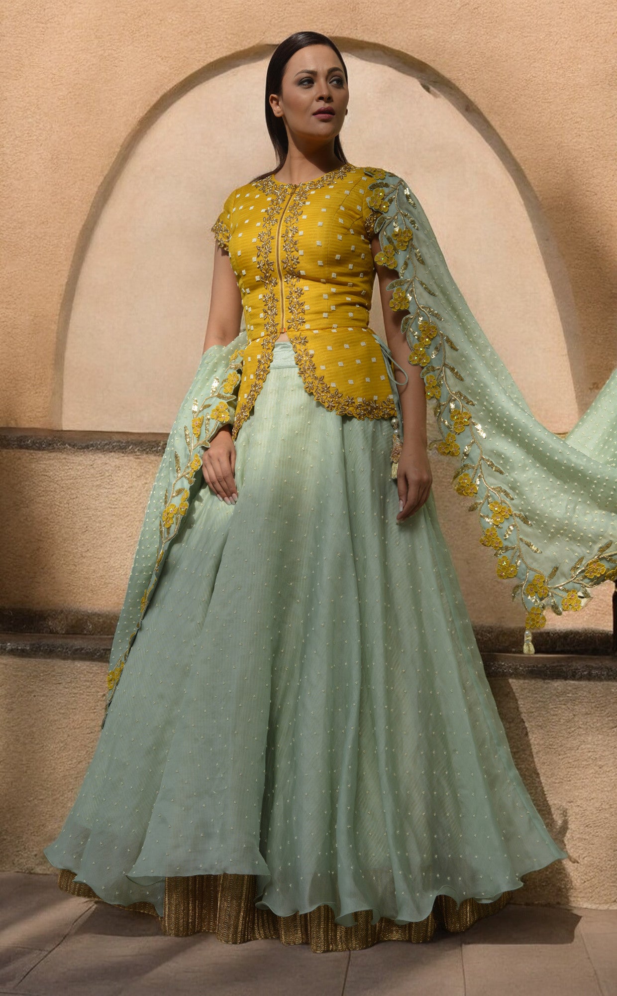 Dabka work jacket with pearl work lehenga and dupatta
