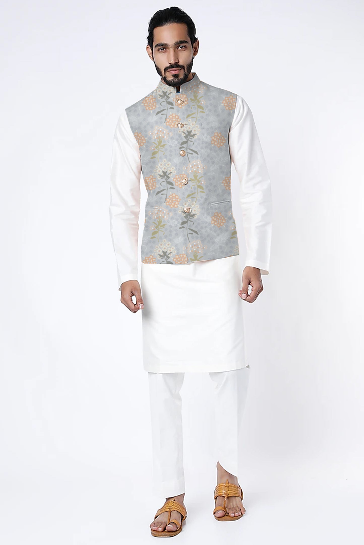 Printed Raw Silk Nehru Jacket