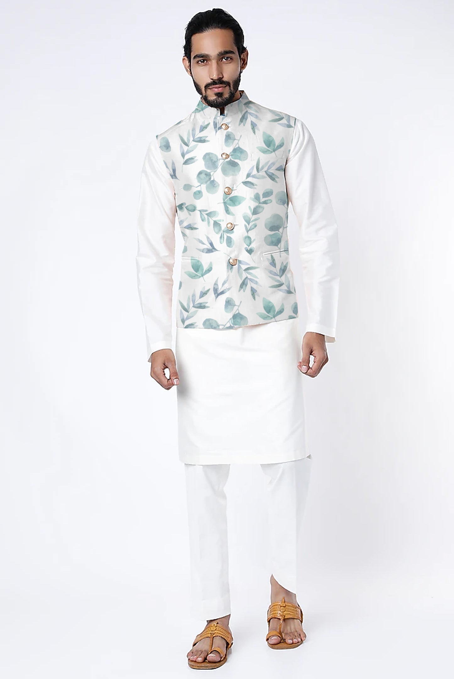 Printed Raw Silk Nehru Jacket
