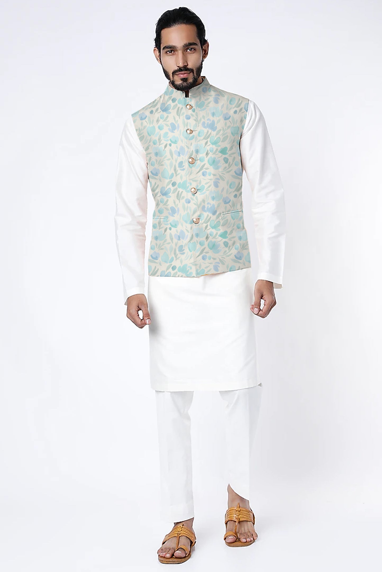 Printed Raw Silk Nehru Jacket