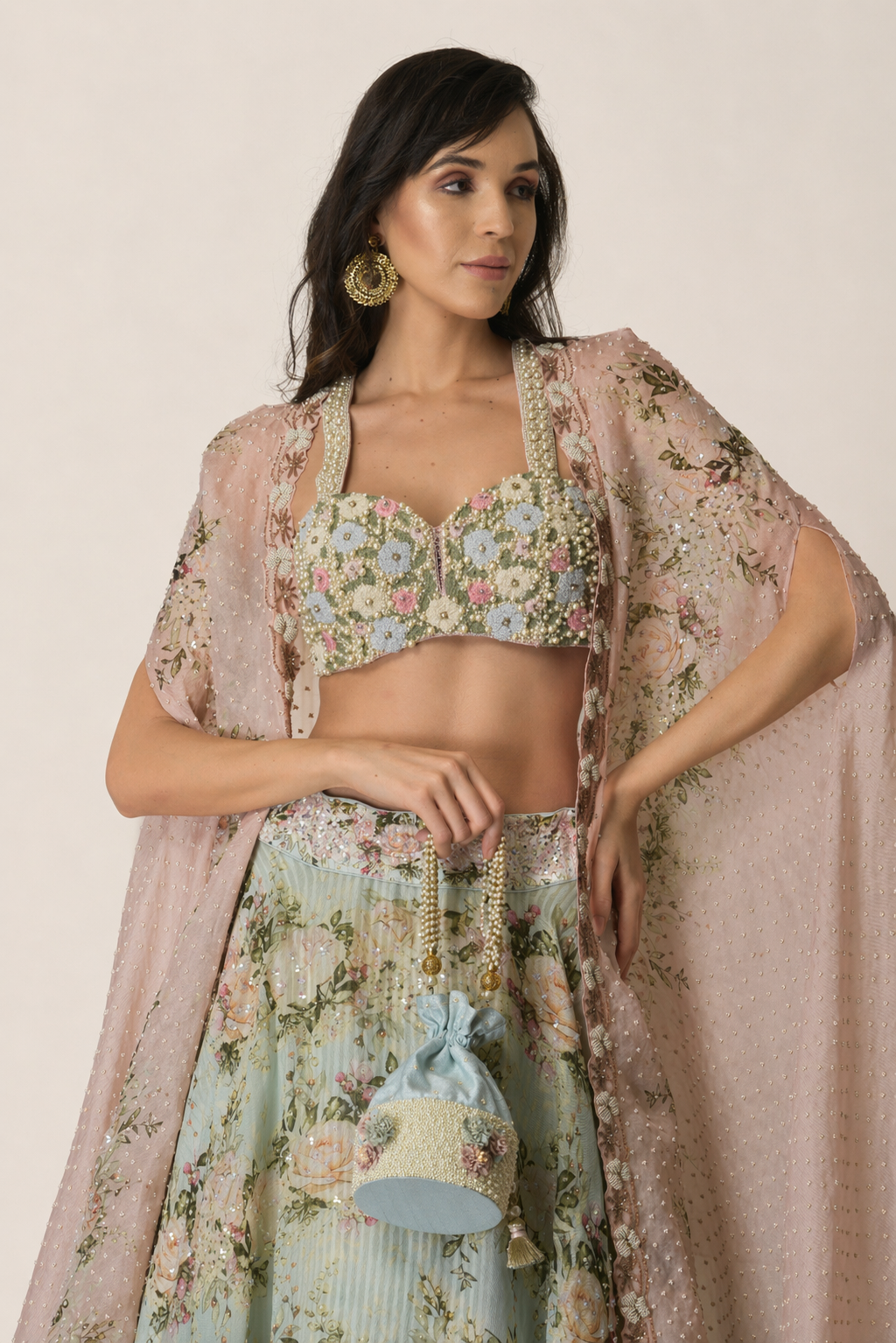 Floral Lehenga Ensemble with Detached Cape