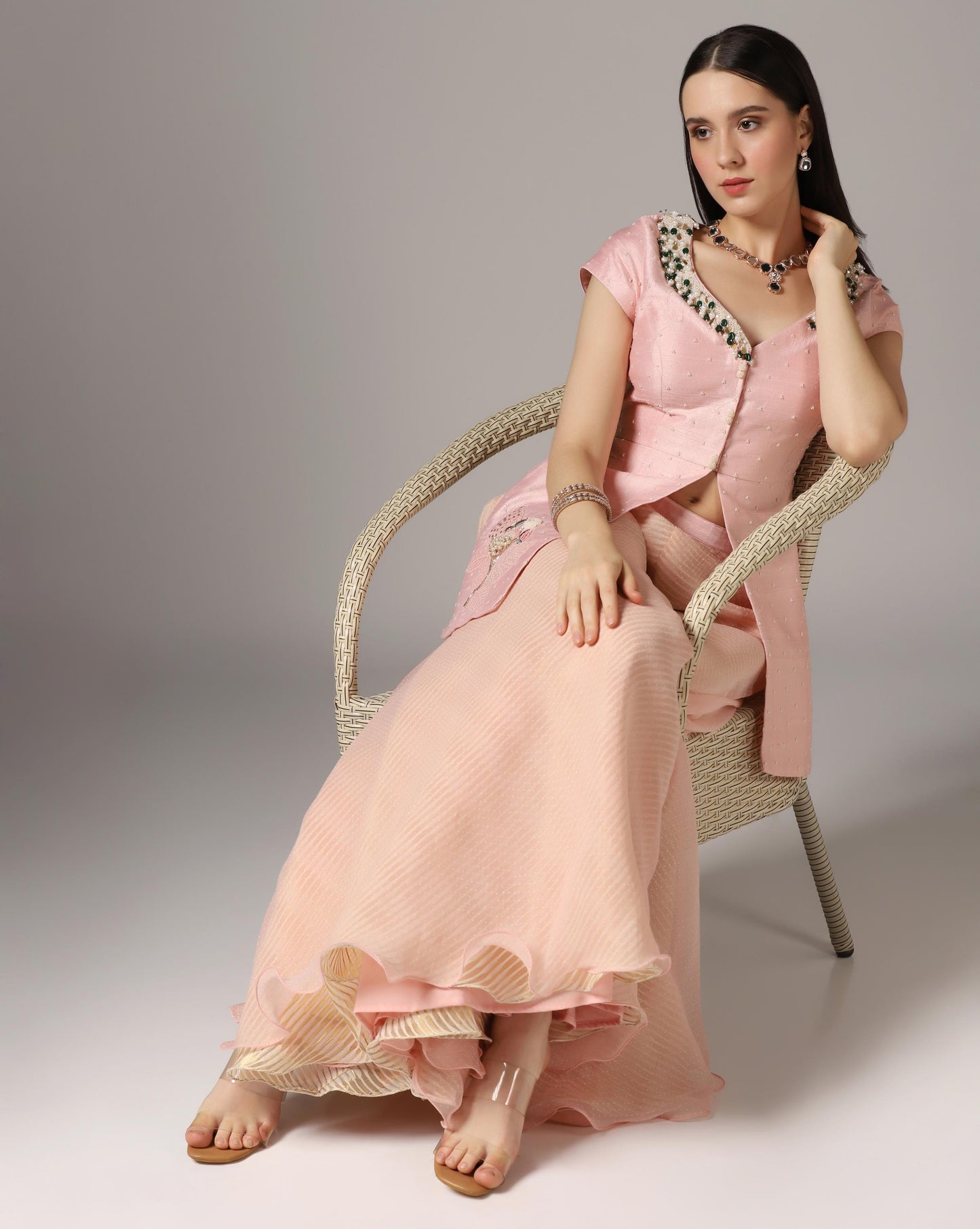 Pink Raw Silk & Chiffon Stone Embroidered Jacket Set