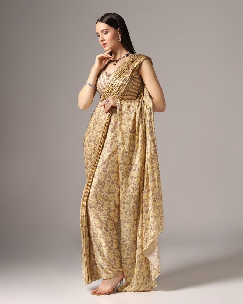 Dull Pink Chamoise Satin Printed Pre-Stitched Saree Set Yashodhara