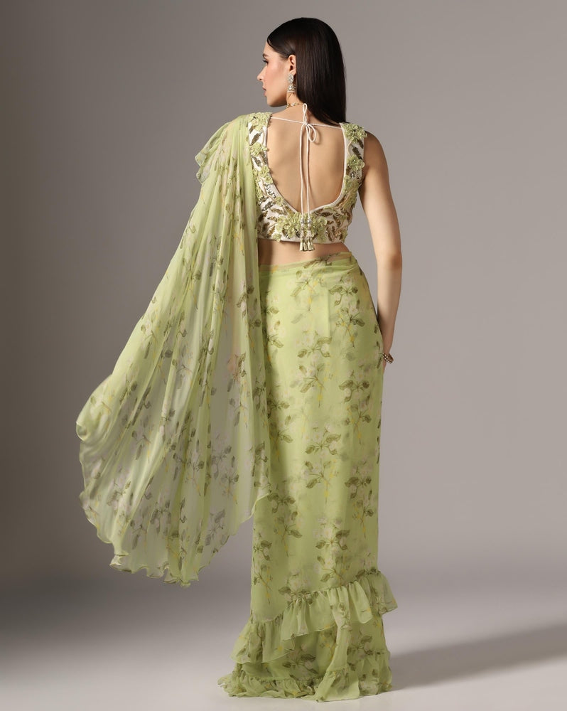 Green Chiffon Printed Pre-Stitched Frilled Saree Set Yashodhara