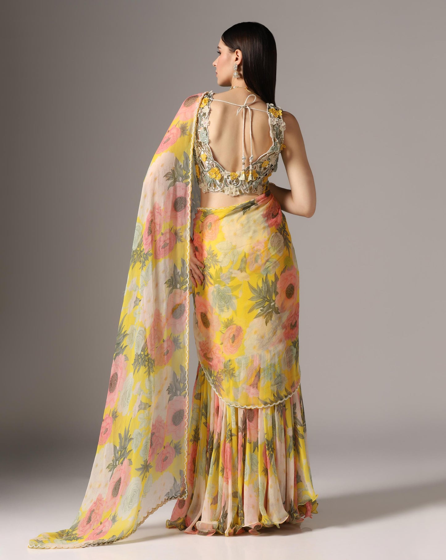 Yellow Chiffon Printed Pre-Stitched Frilled Saree Set