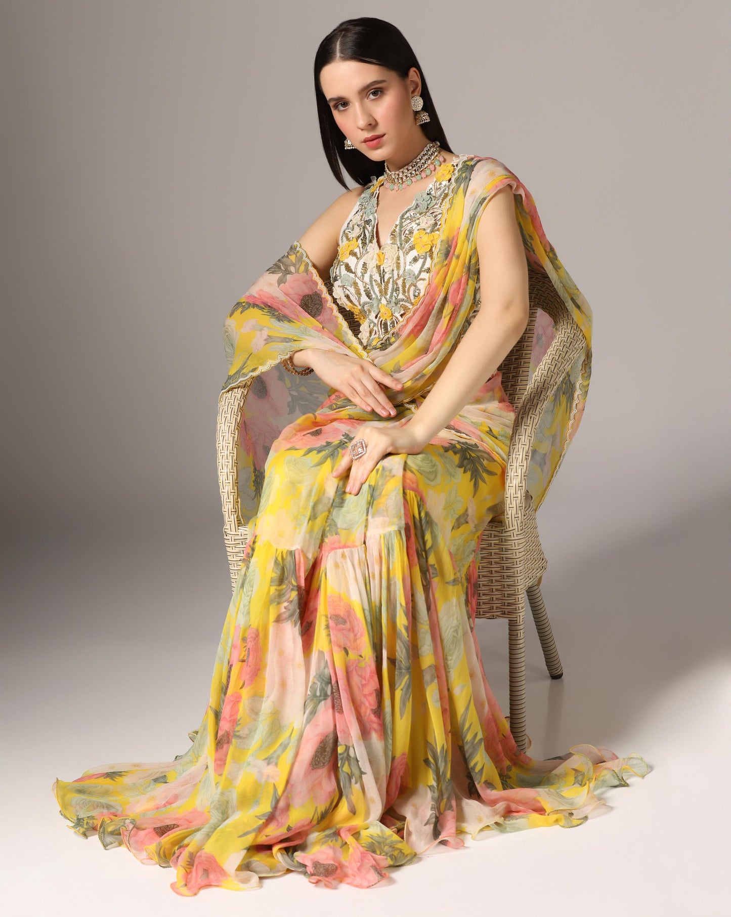 Yellow Chiffon Printed Pre-Stitched Frilled Saree Set