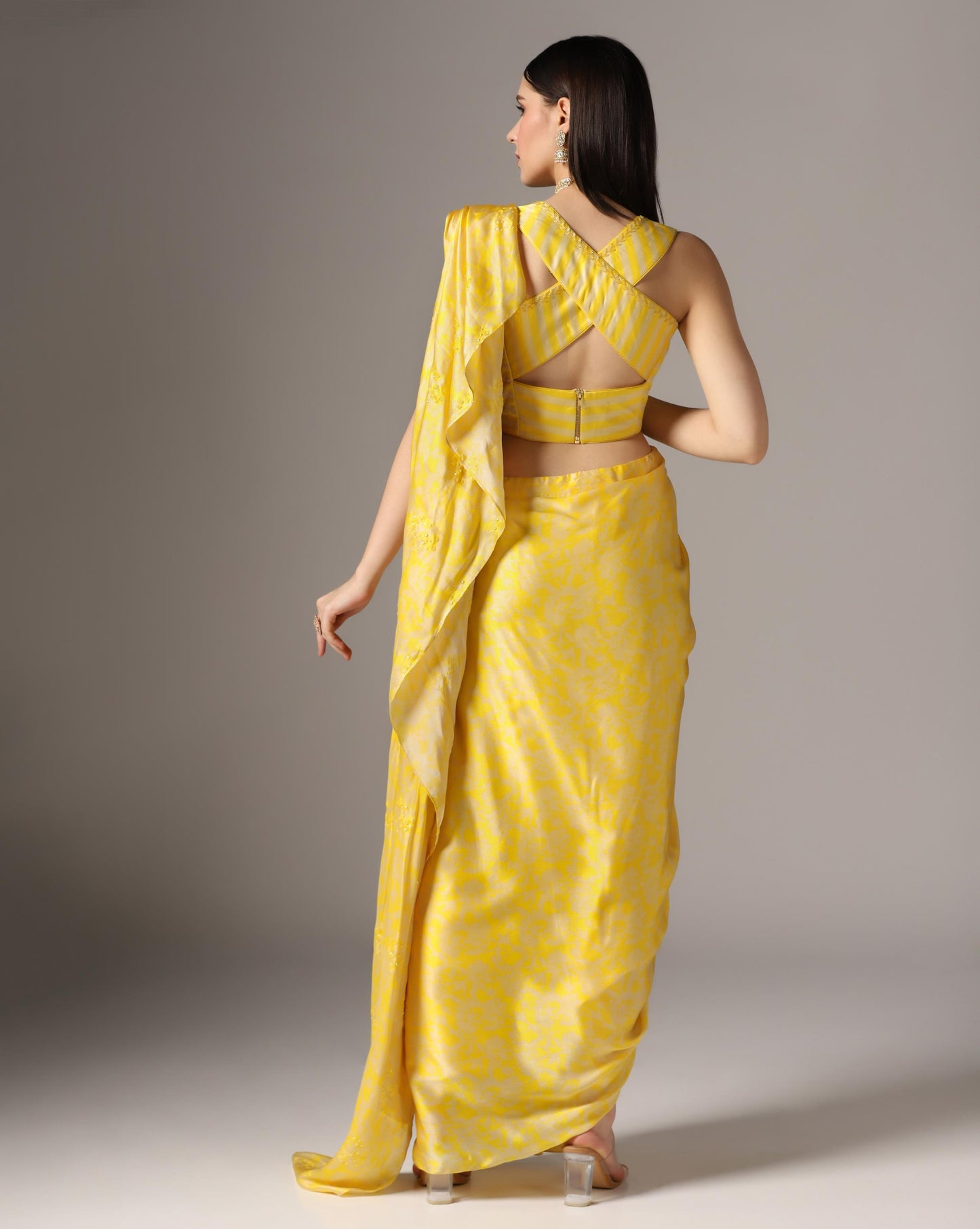 Yellow Chamoise Satin Printed Pre-Stitched Saree Set