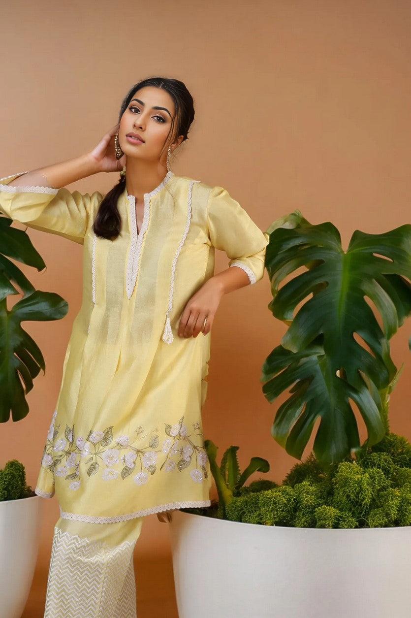 YELLOW KURTI WITH BLOCK PRINT PALAZZO