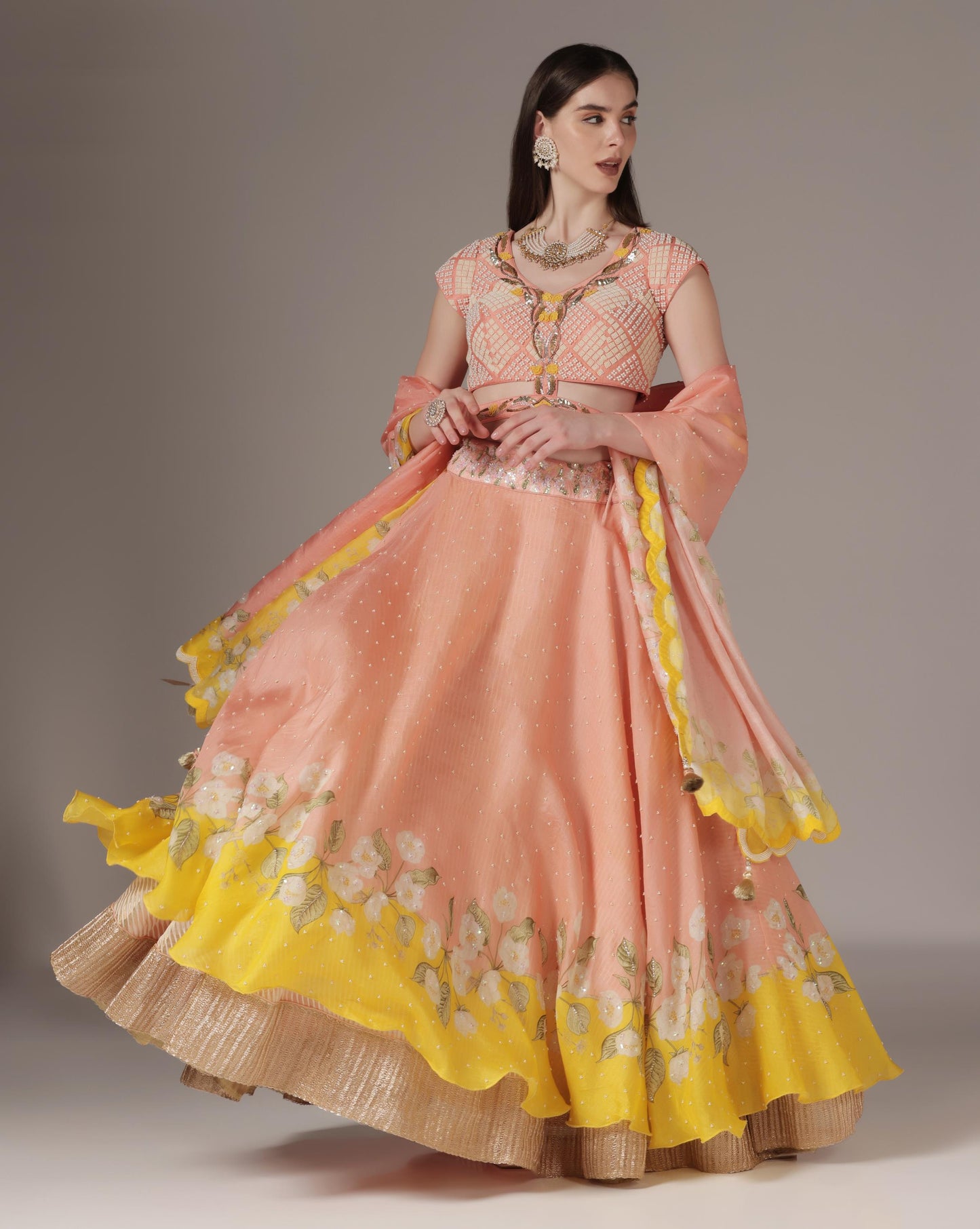 Brick Organza & Raw Silk Printed Lehenga Set