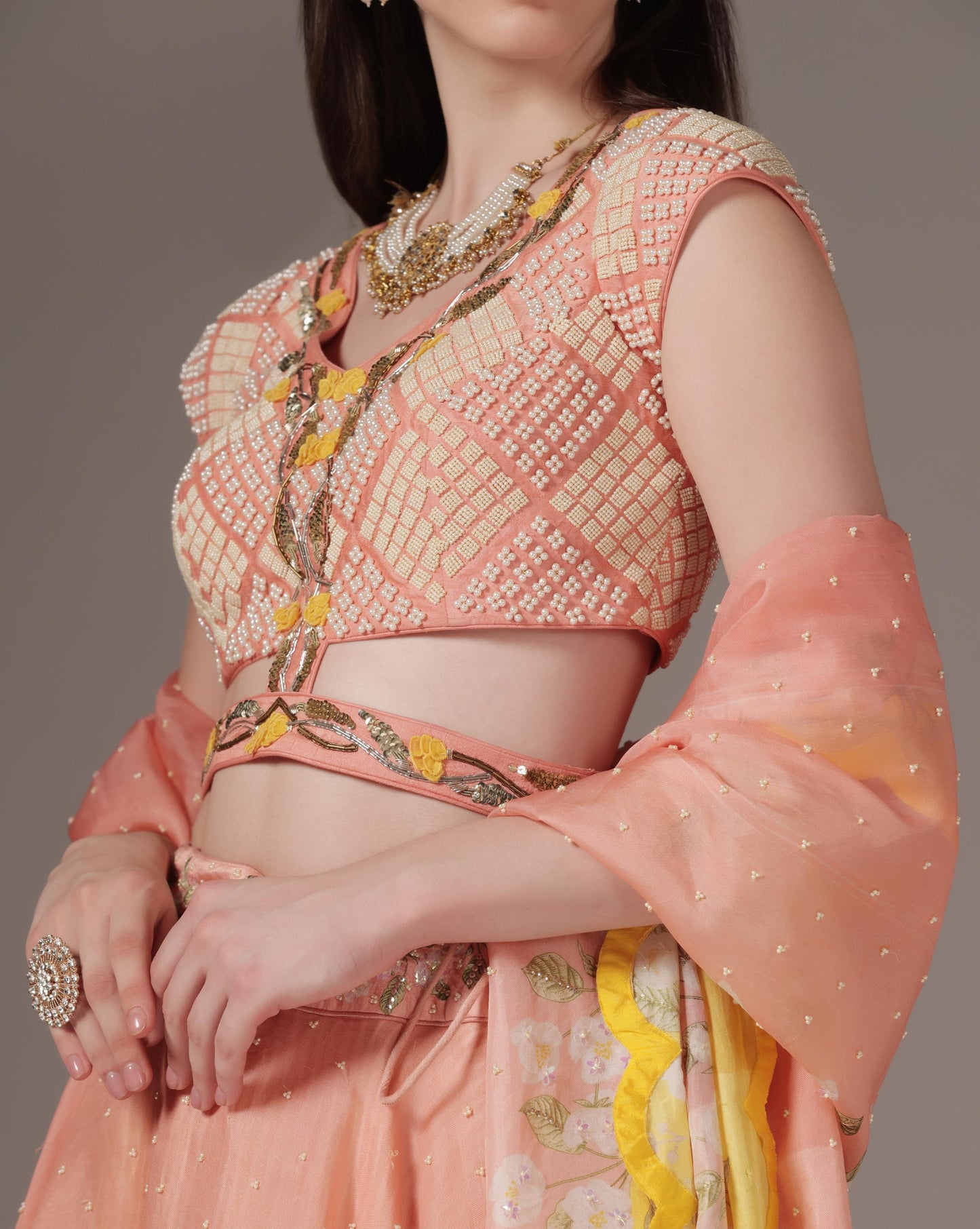 Brick Organza & Raw Silk Printed Lehenga Set