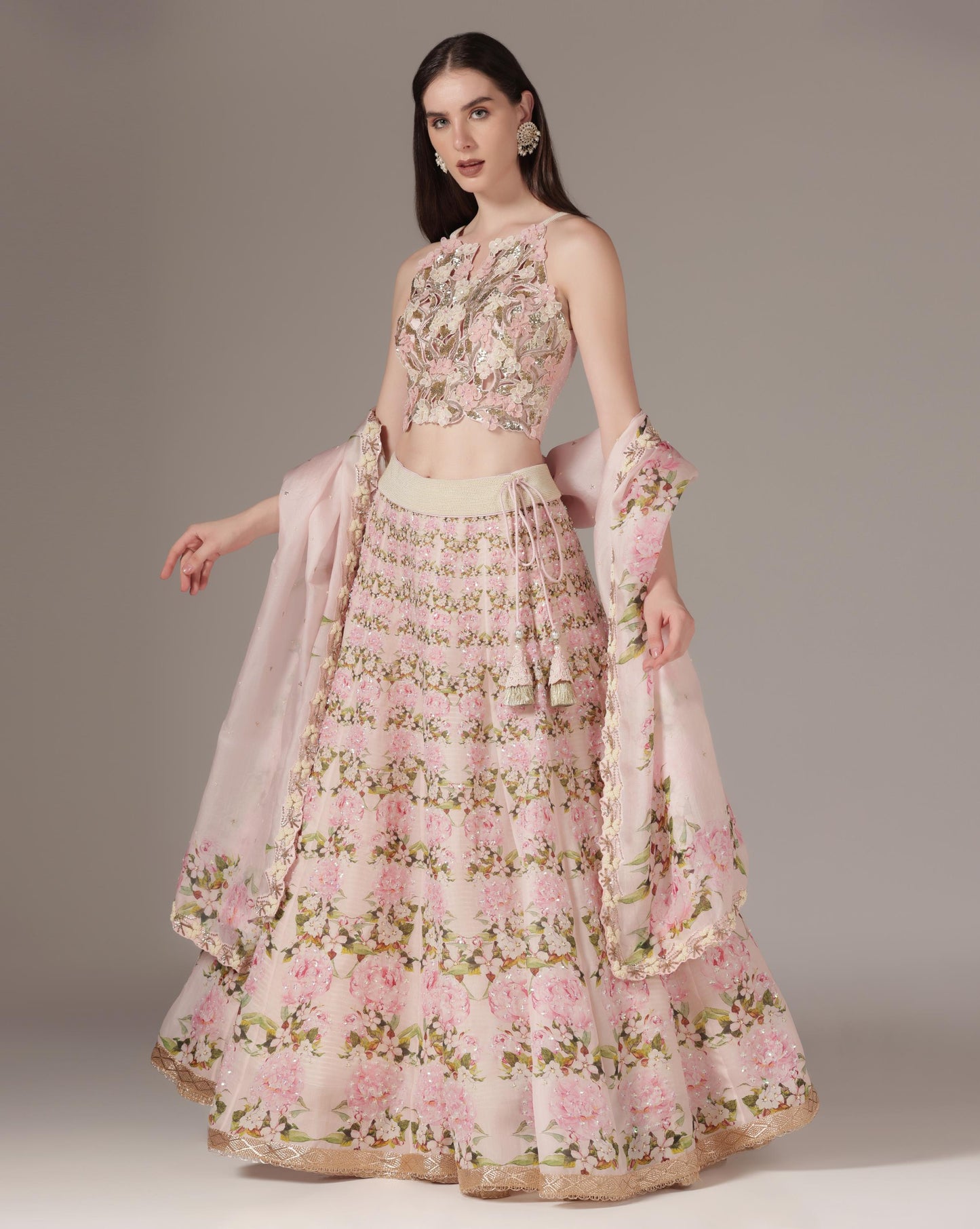 Organza & Raw Silk Printed Lehenga Set