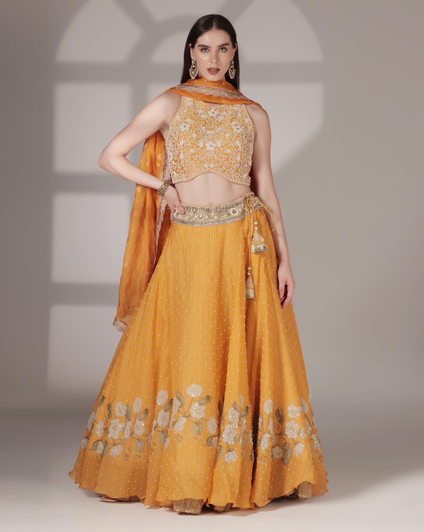 Orange Floral Printed Lehenga Set