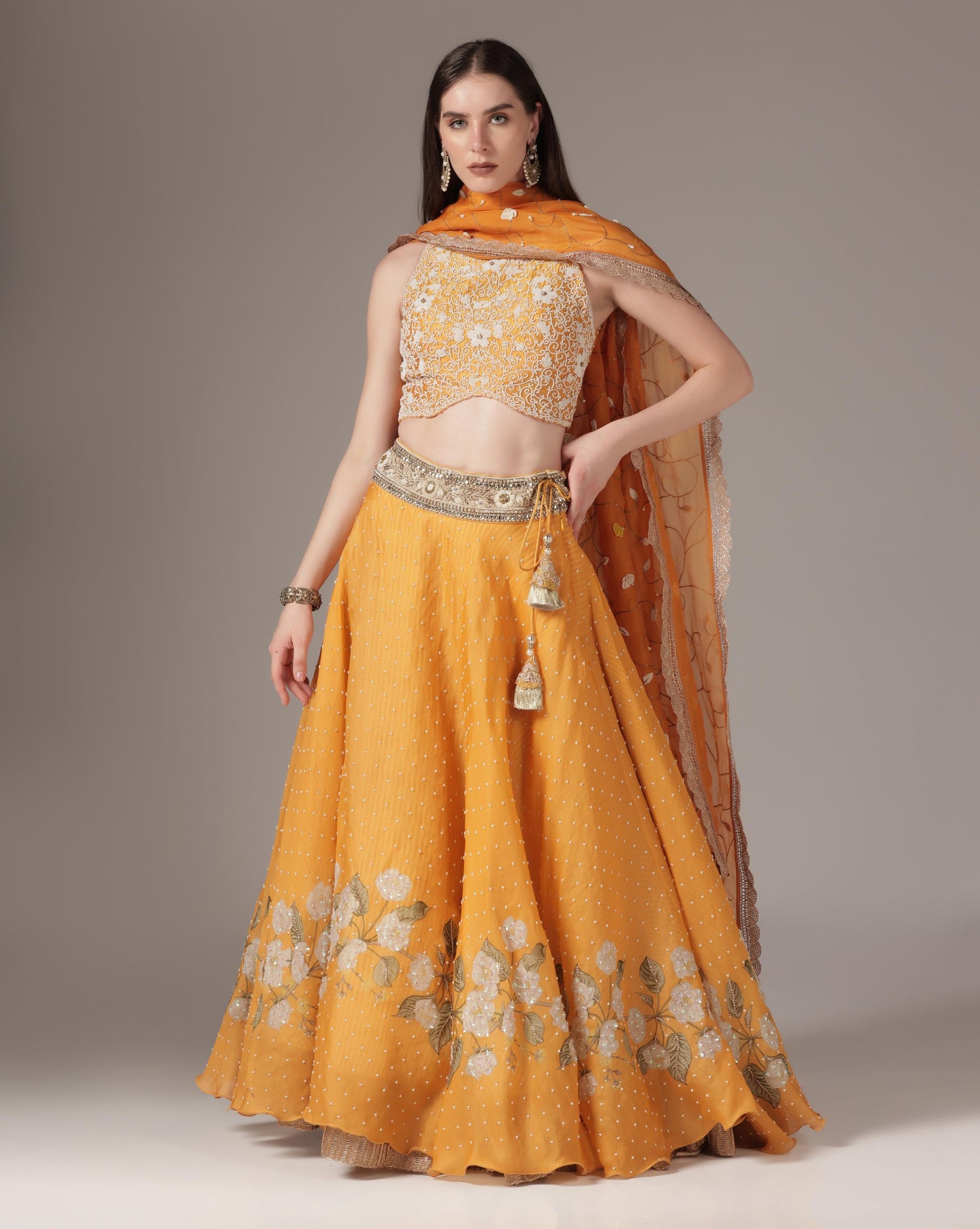 Orange Floral Printed Lehenga Set